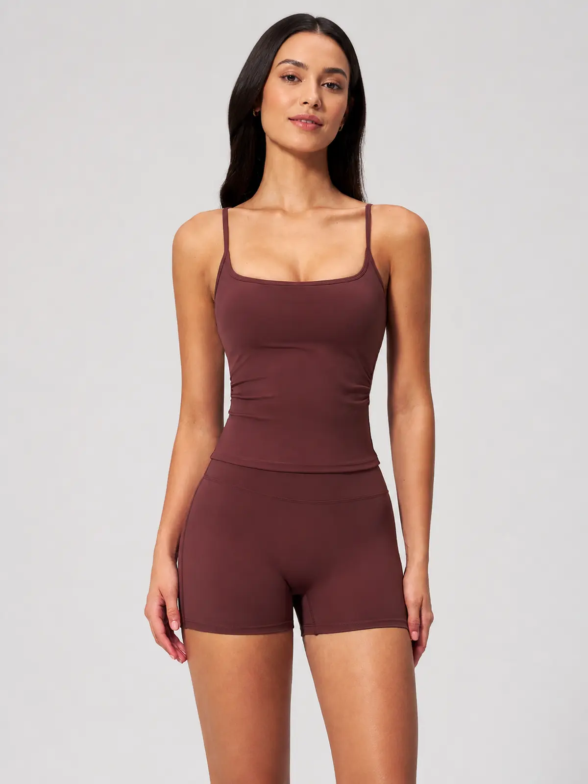 Balsam Drift Square-Neck Tank Top and High-Waisted Bike Shorts Set — wine red — general — authoritative variation image