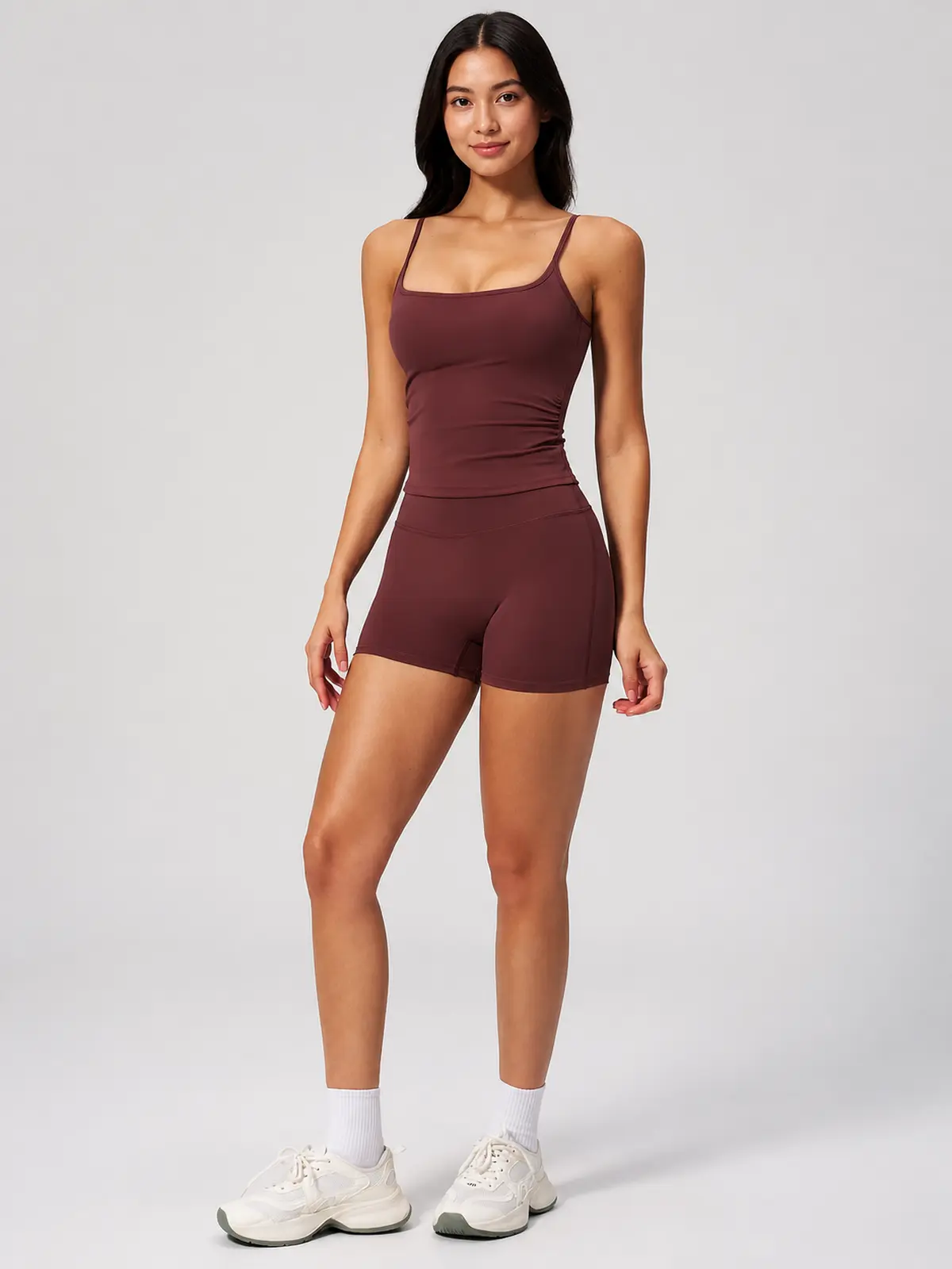 Balsam Drift Square-Neck Tank Top and High-Waisted Bike Shorts Set — wine red — general — authoritative variation match