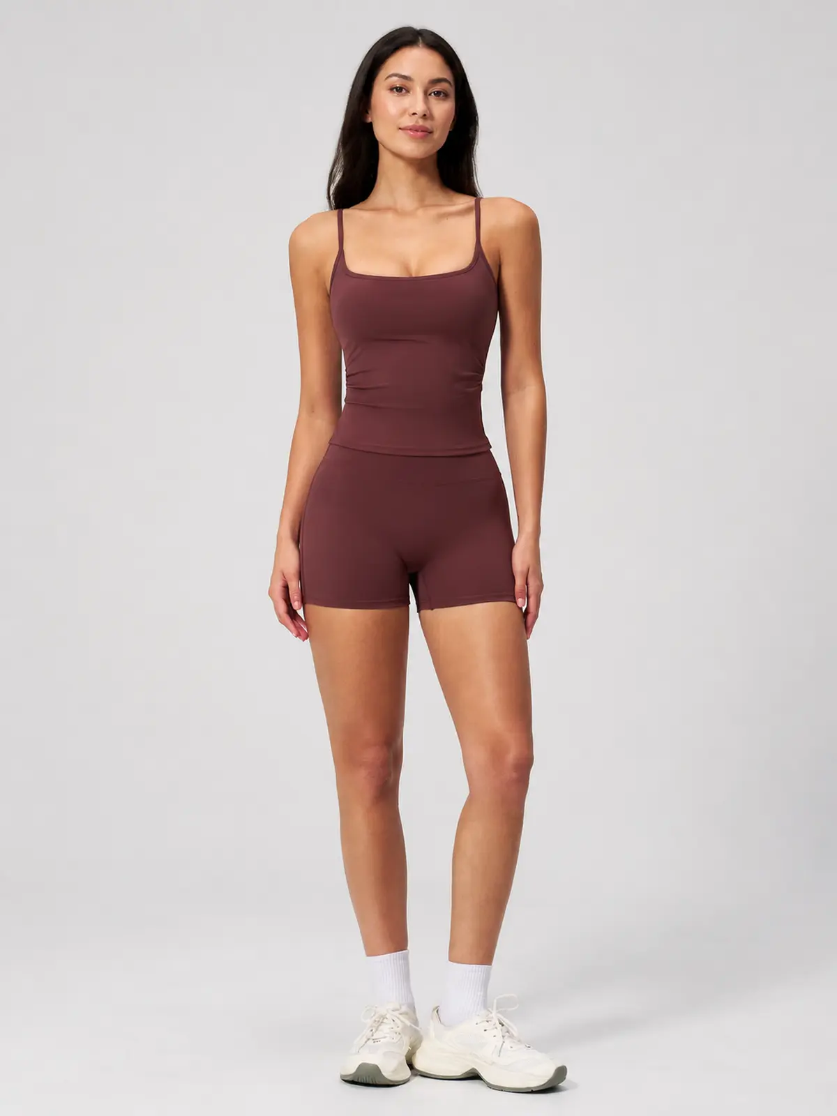 Balsam Drift Square-Neck Tank Top and High-Waisted Bike Shorts Set — wine red — general — authoritative variation match