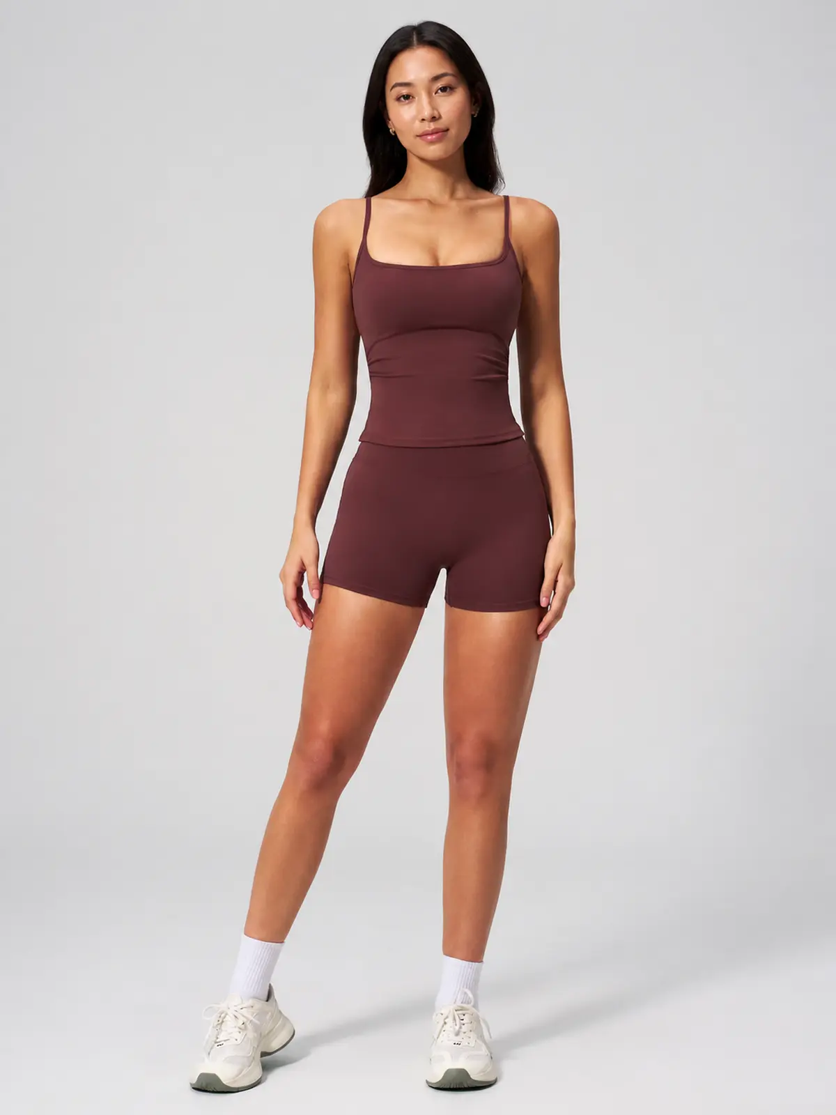 Balsam Drift Square-Neck Tank Top and High-Waisted Bike Shorts Set — wine red — general — authoritative variation match