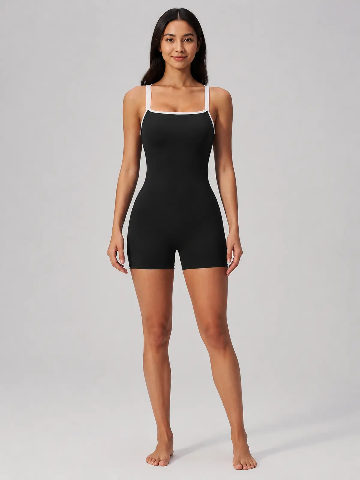 Beryl Passage Sleeveless Square-Neck Contrast-Trim Yoga Romper — black with white trim — authoritative variation image