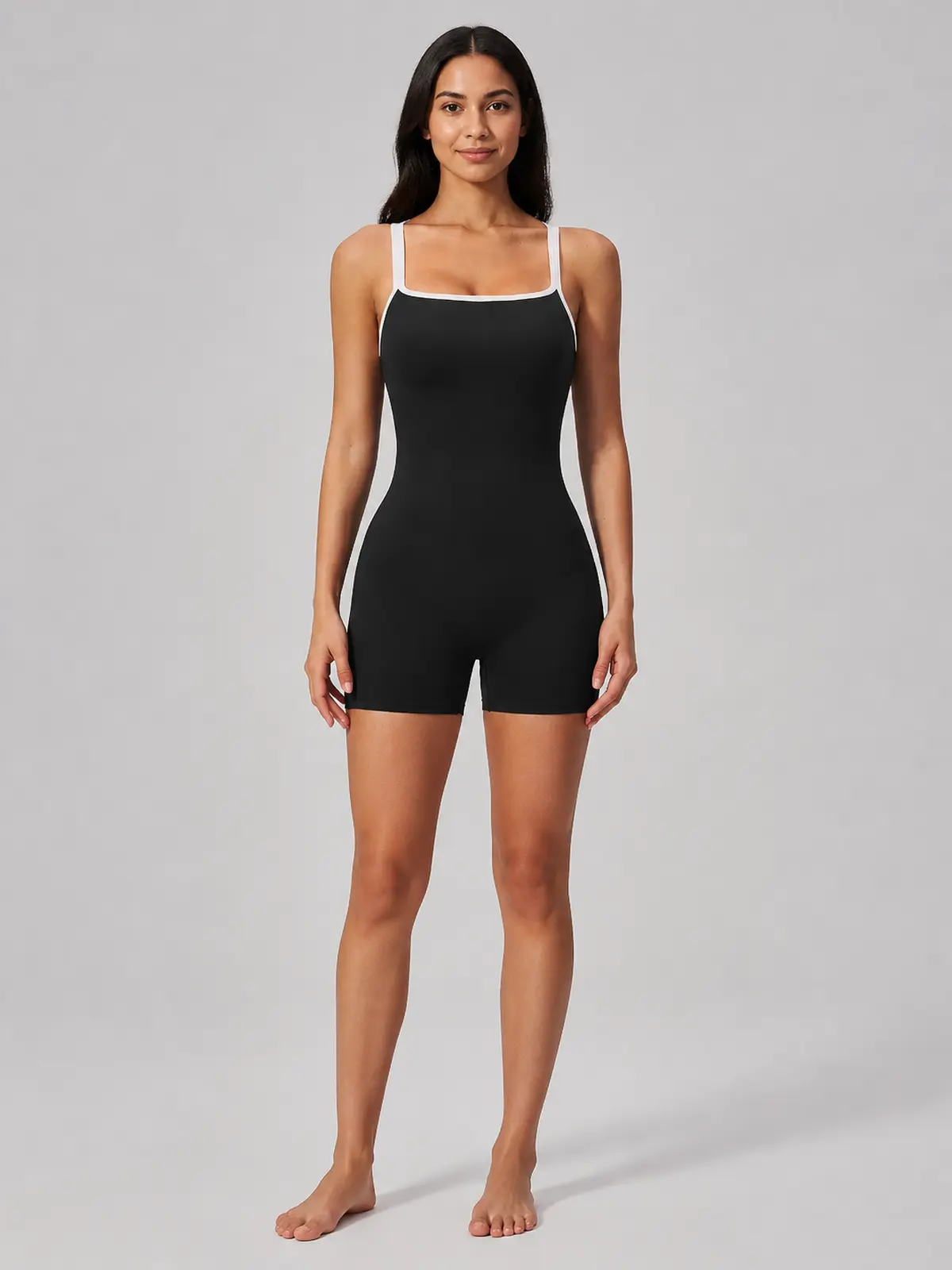 Beryl Passage Sleeveless Square-Neck Contrast-Trim Yoga Romper — black with white trim — unitard — authoritative variation match