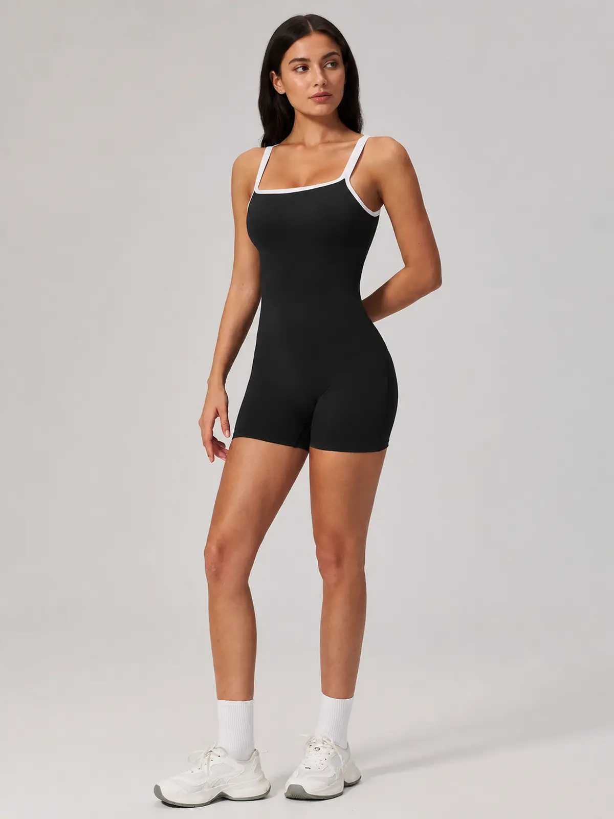 Beryl Passage Sleeveless Square-Neck Contrast-Trim Yoga Romper — black with white trim — unitard — authoritative variation match
