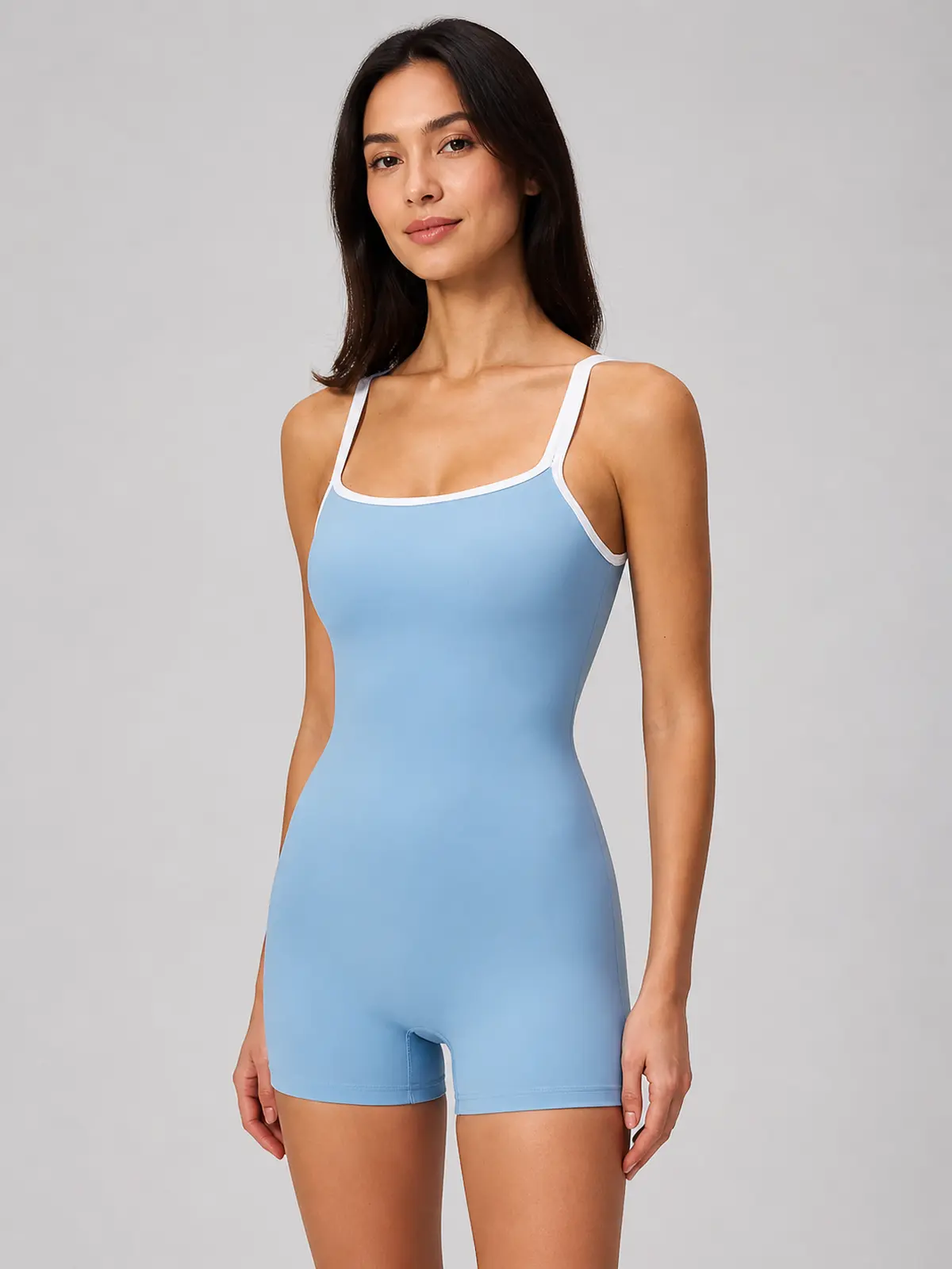 Beryl Passage Sleeveless Square-Neck Contrast-Trim Yoga Romper — light blue with white trim — authoritative variation match
