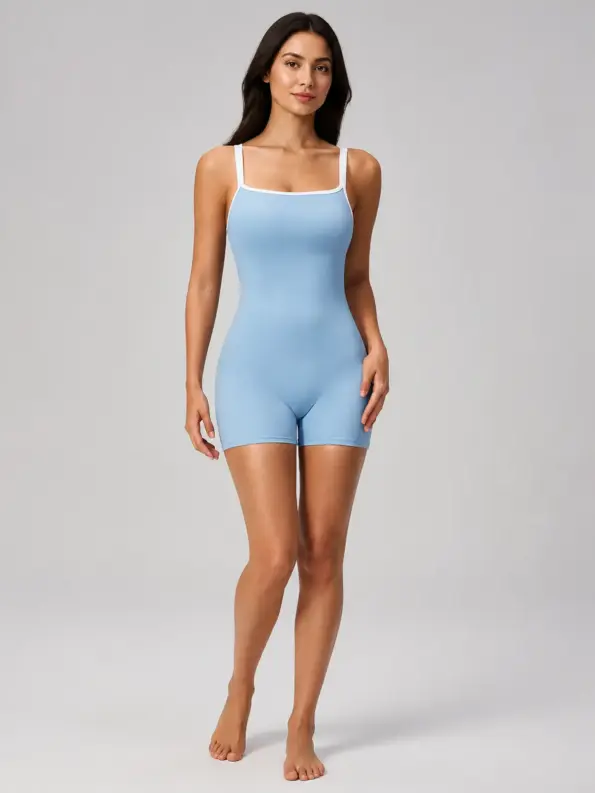 Beryl Passage Sleeveless Square-Neck Contrast-Trim Yoga Romper — light blue with white trim — unitard — authoritative variation match