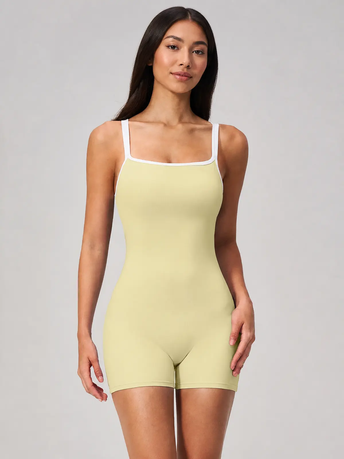Beryl Passage Sleeveless Square-Neck Contrast-Trim Yoga Romper — pale yellow with white trim — authoritative variation image