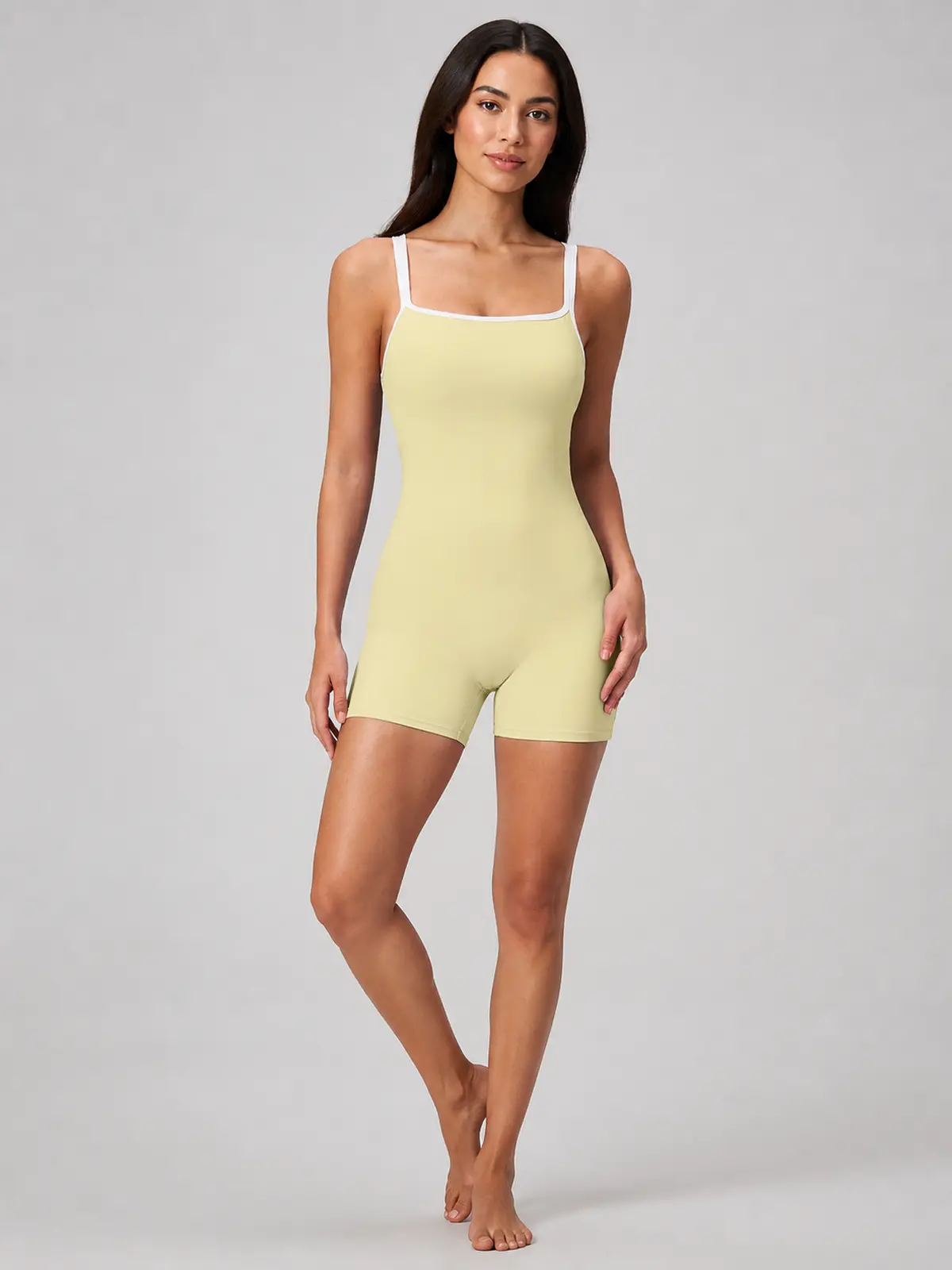 Beryl Passage Sleeveless Square-Neck Contrast-Trim Yoga Romper — pale yellow with white trim — unitard — authoritative variation match