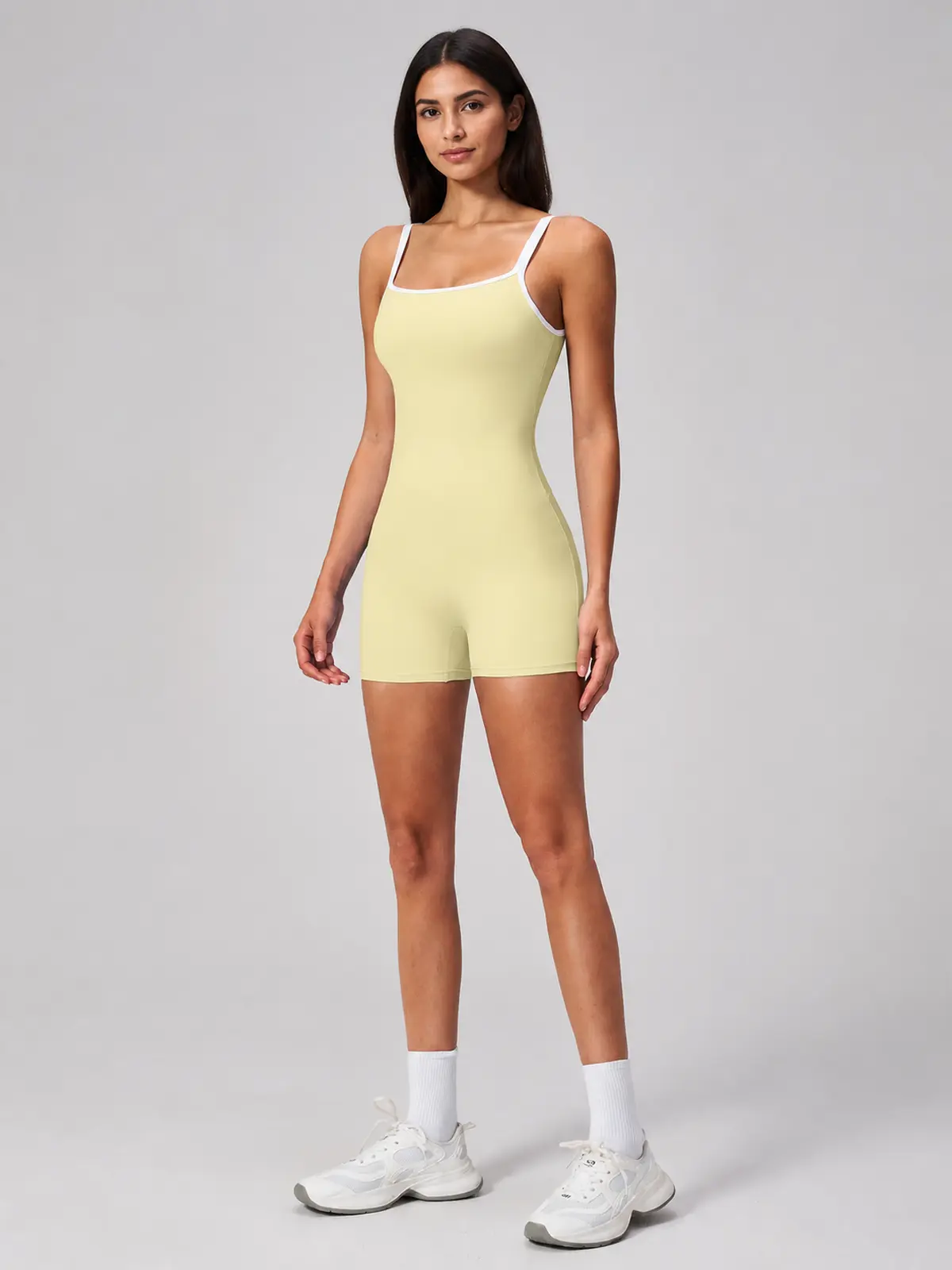 Beryl Passage Sleeveless Square-Neck Contrast-Trim Yoga Romper — pale yellow with white trim — unitard — authoritative variation match