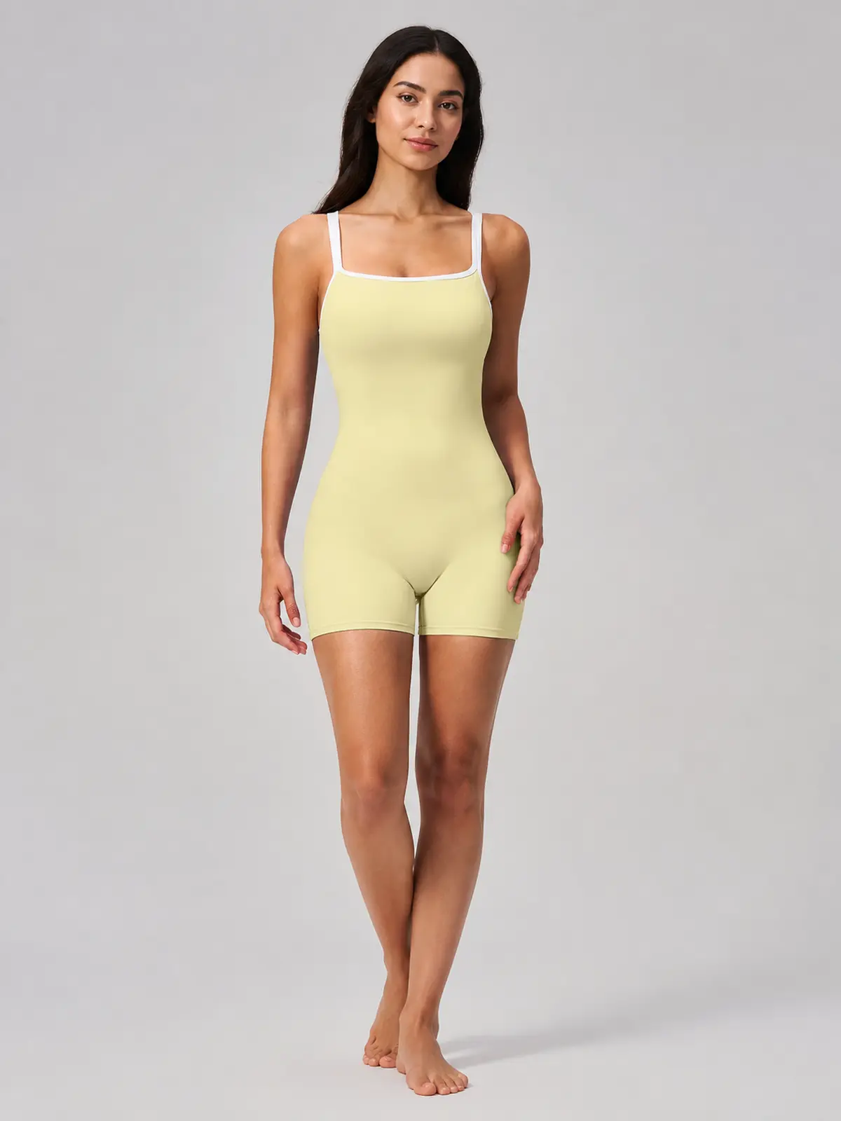 Beryl Passage Sleeveless Square-Neck Contrast-Trim Yoga Romper — pale yellow with white trim — unitard — authoritative variation match