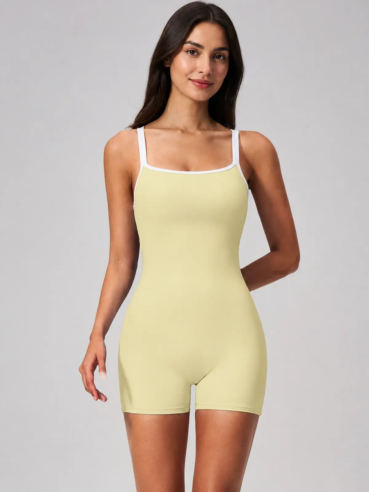 Beryl Passage Sleeveless Square-Neck Contrast-Trim Yoga Romper — pale yellow with white trim — unitard — authoritative variation match