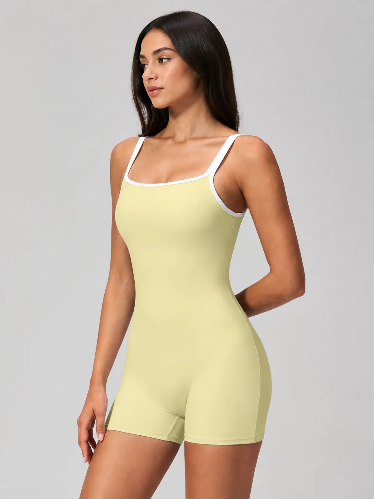 Beryl Passage Sleeveless Square-Neck Contrast-Trim Yoga Romper — pale yellow with white trim — unitard — authoritative variation match