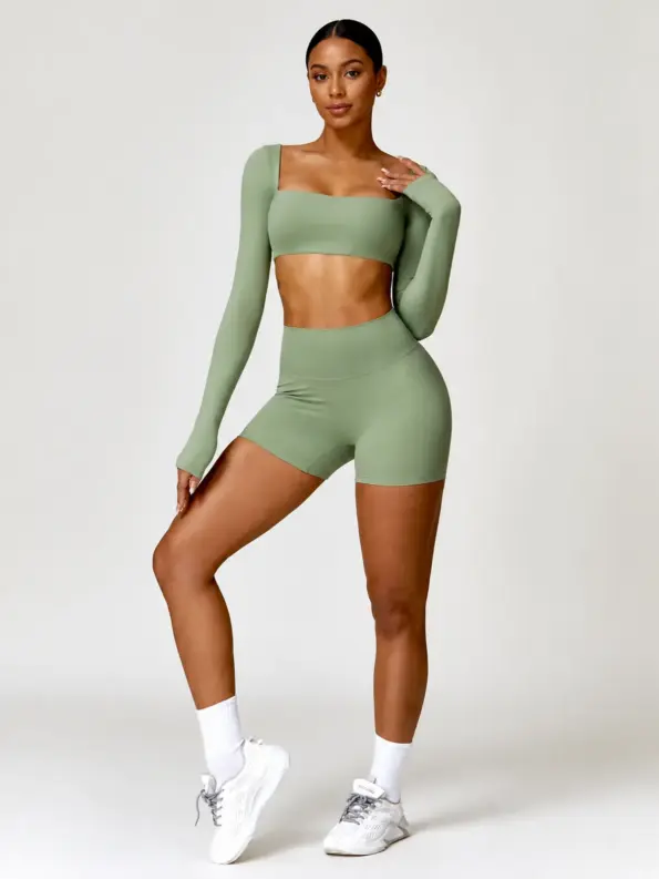 Bramble Signal Square-Neck Long-Sleeve Crop Top and Bike Shorts Set — sage green — general — authoritative variation match
