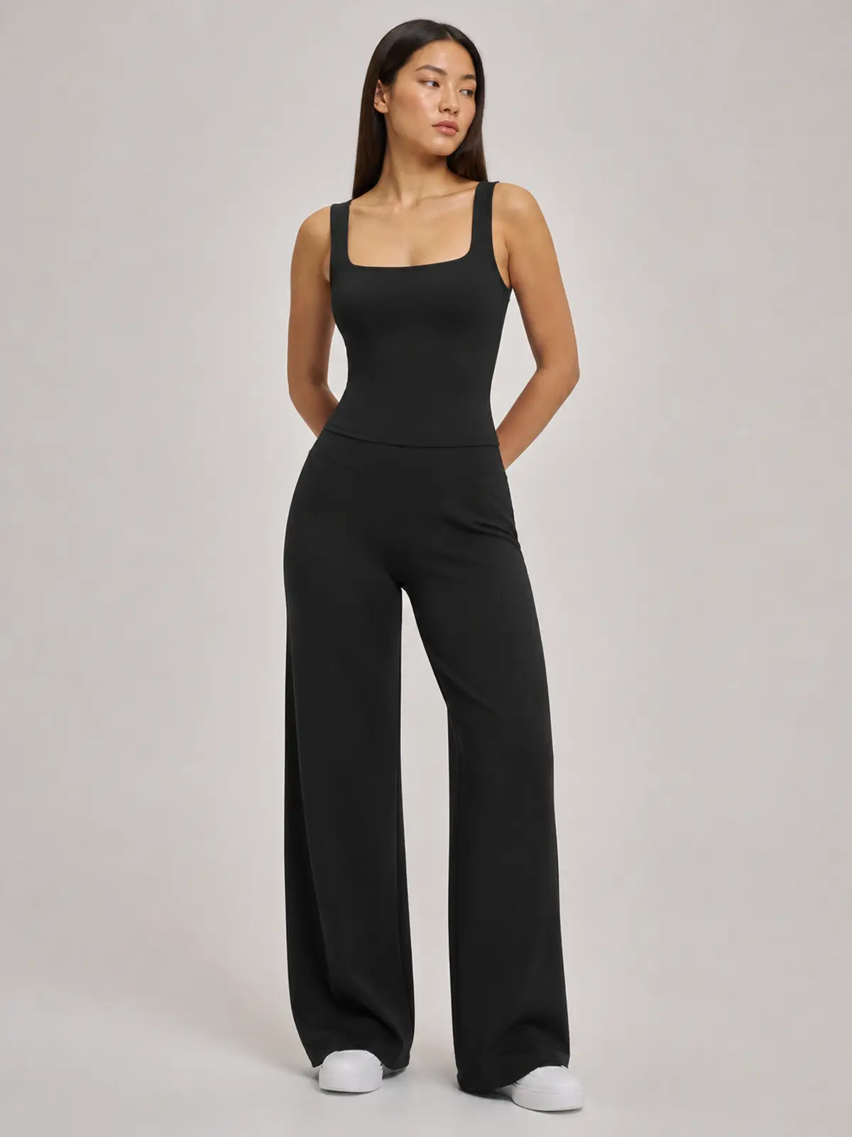 Briar Canvas Square-Neck Tank Top and Wide-Leg Pants Set — black — general — authoritative variation match