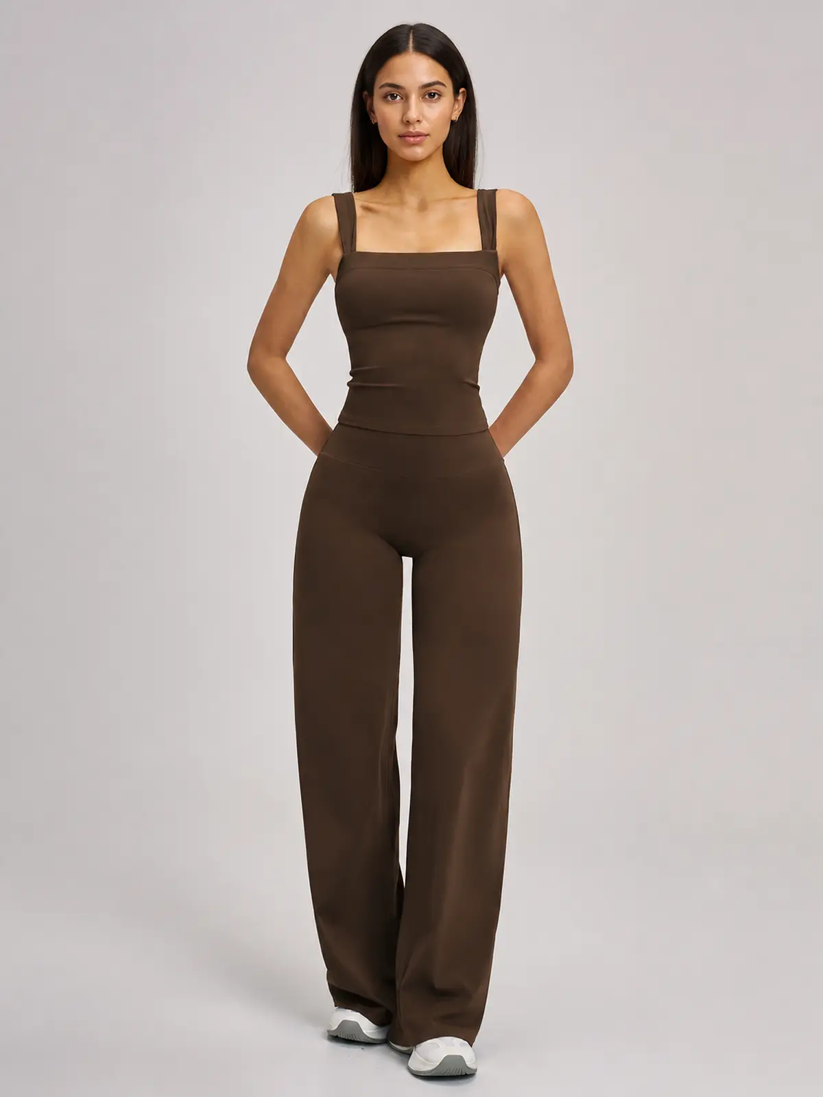 Briar Canvas Square-Neck Tank Top and Wide-Leg Pants Set — dark brown — general — authoritative variation match