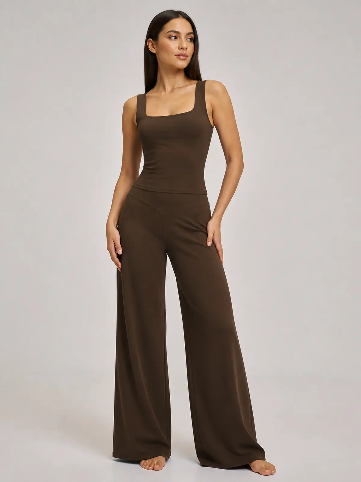 Briar Canvas Square-Neck Tank Top and Wide-Leg Pants Set — dark brown — general — authoritative variation match