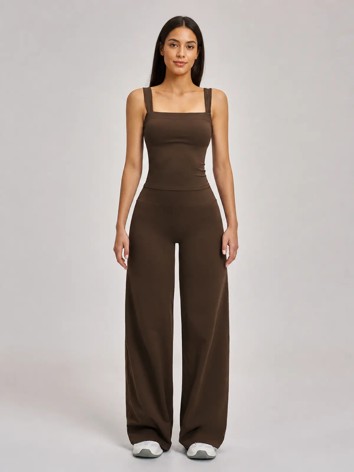 Briar Canvas Square-Neck Tank Top and Wide-Leg Pants Set — dark brown — general — authoritative variation match