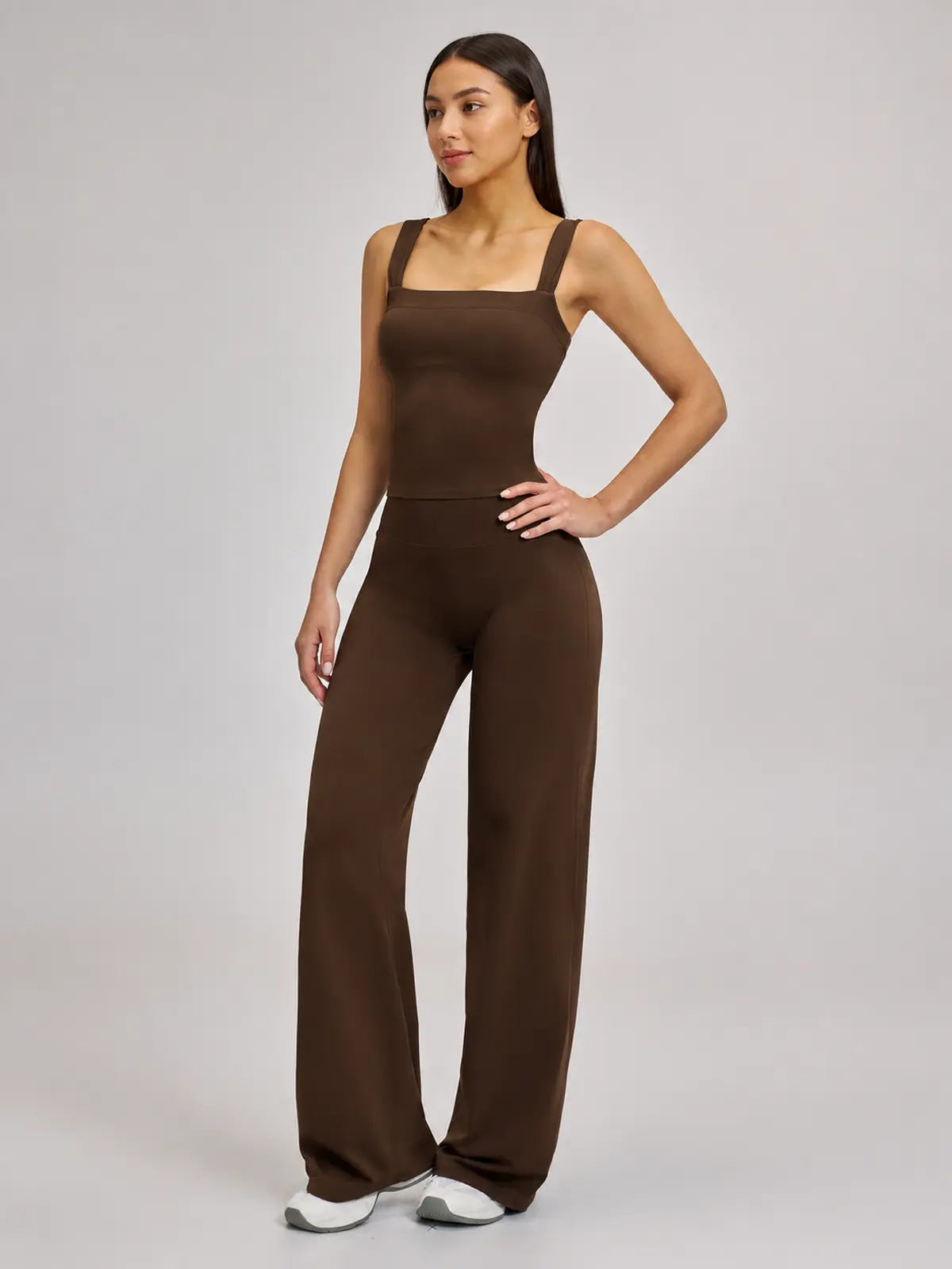 Briar Canvas Square-Neck Tank Top and Wide-Leg Pants Set — dark brown — general — authoritative variation match