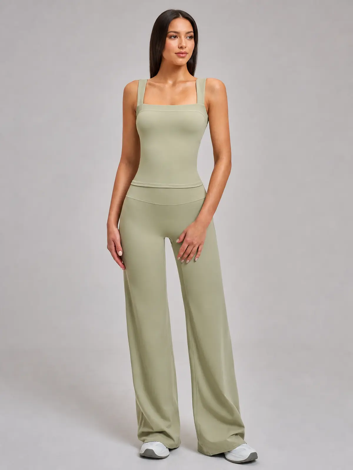 Briar Canvas Square-Neck Tank Top and Wide-Leg Pants Set — moss green — general — authoritative variation match
