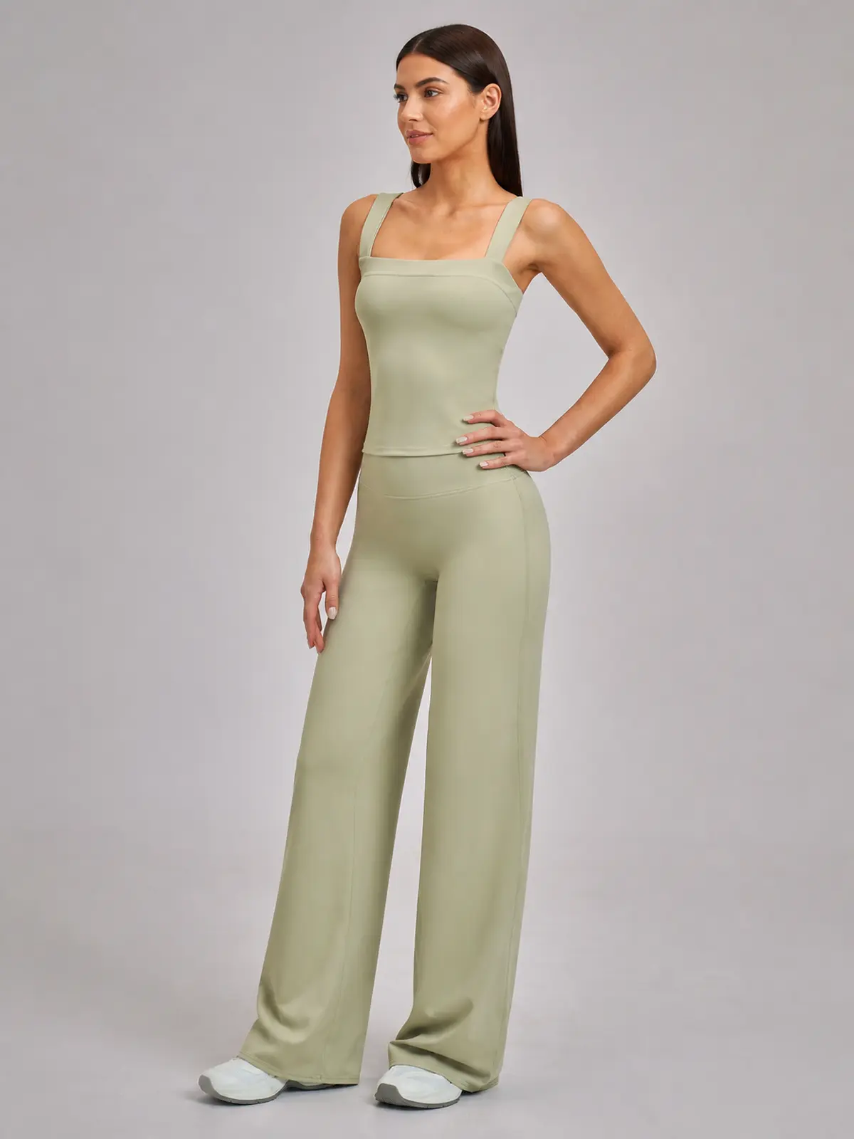Briar Canvas Square-Neck Tank Top and Wide-Leg Pants Set — moss green — general — authoritative variation match