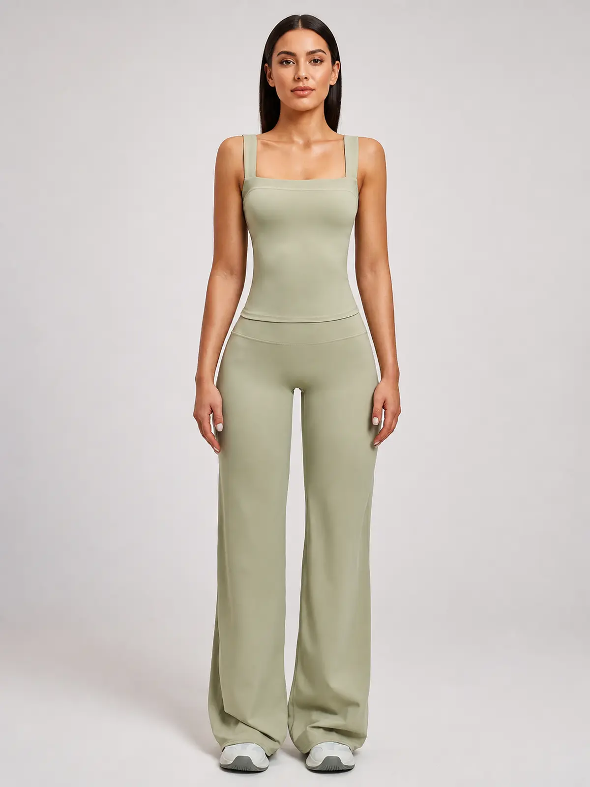 Briar Canvas Square-Neck Tank Top and Wide-Leg Pants Set — moss green — general — authoritative variation match