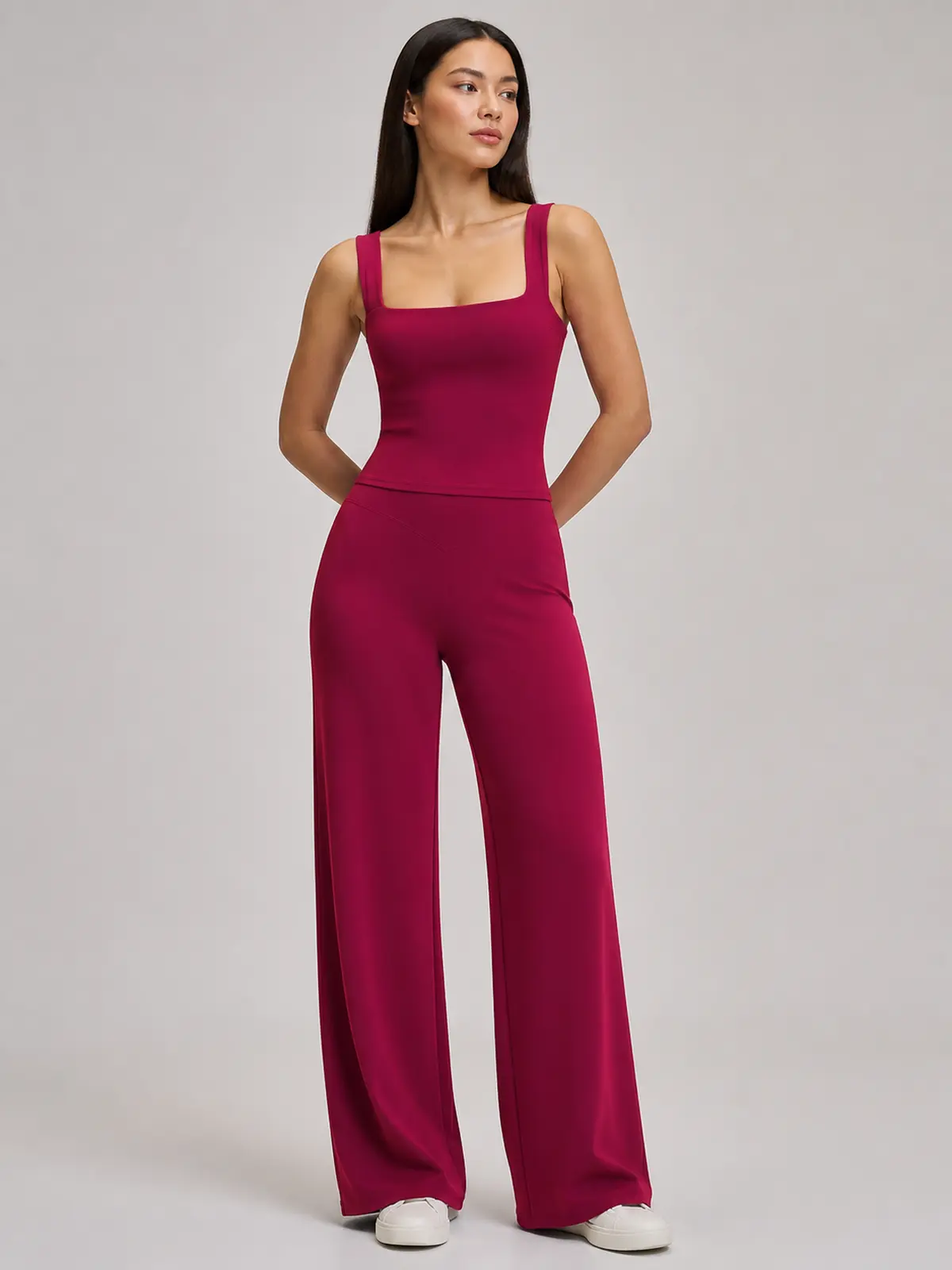 Briar Canvas Square-Neck Tank Top and Wide-Leg Pants Set — raspberry red — general — authoritative variation match
