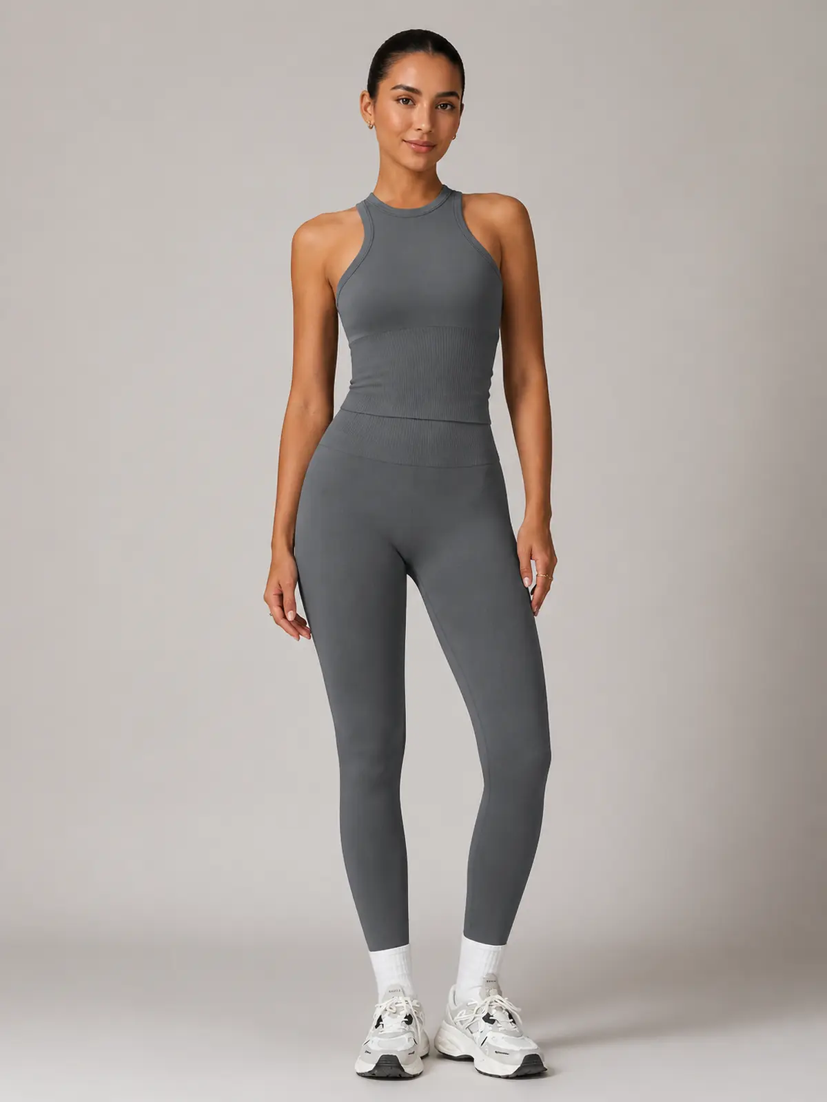 Briar Tempo High-Neck Tank Top and Leggings Set — dark charcoal gray — unitard — authoritative variation image