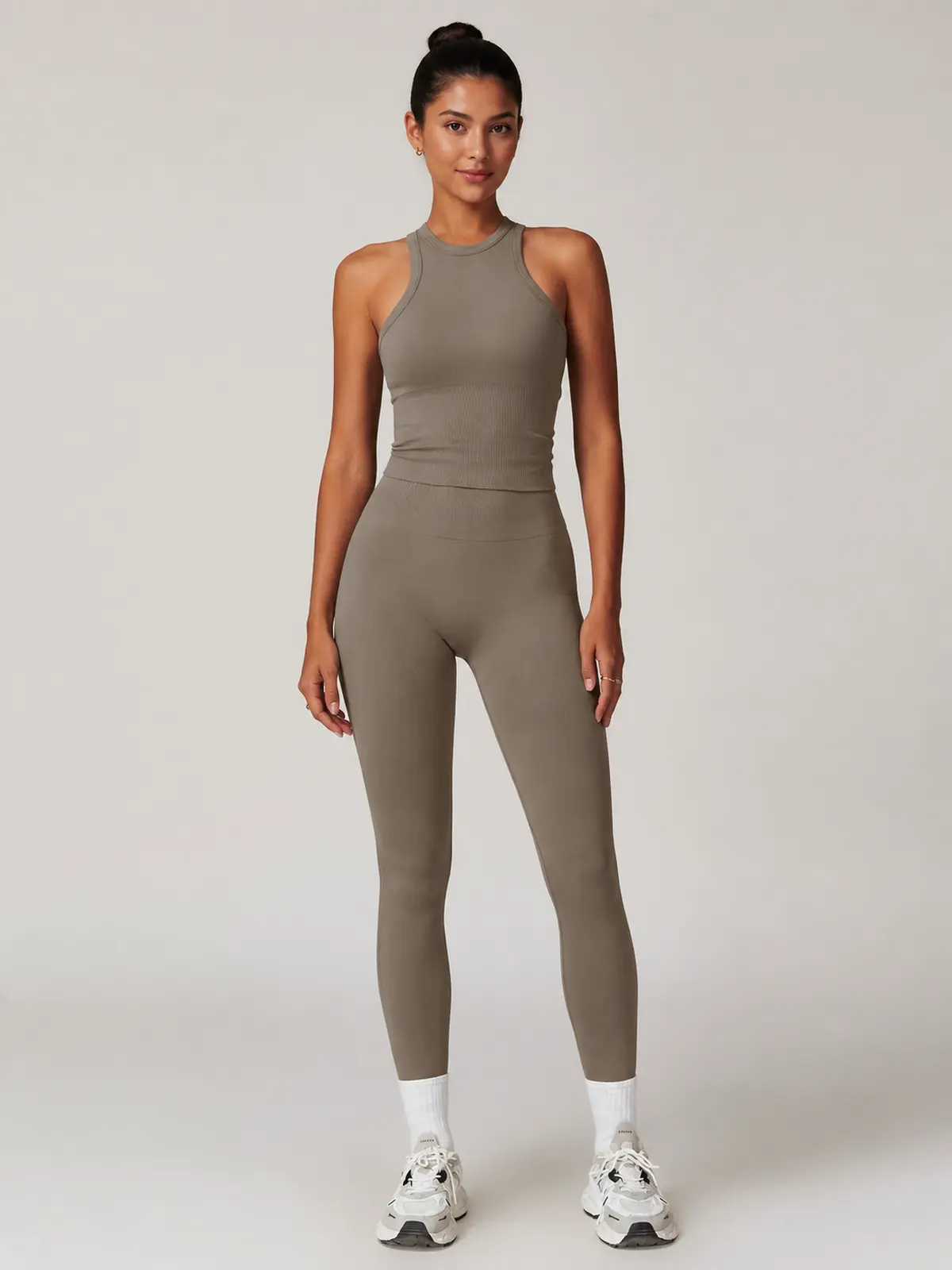 Briar Tempo High-Neck Tank Top and Leggings Set — taupe — unitard — authoritative variation image