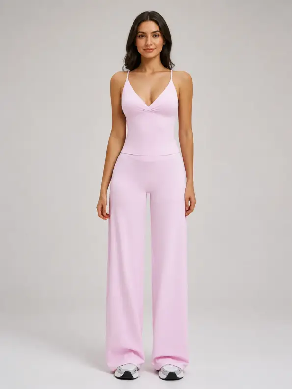 Canyon Lilt Deep-V Sports Bra and Wide-Leg Pants Set — light pink — jumpsuit — authoritative variation match