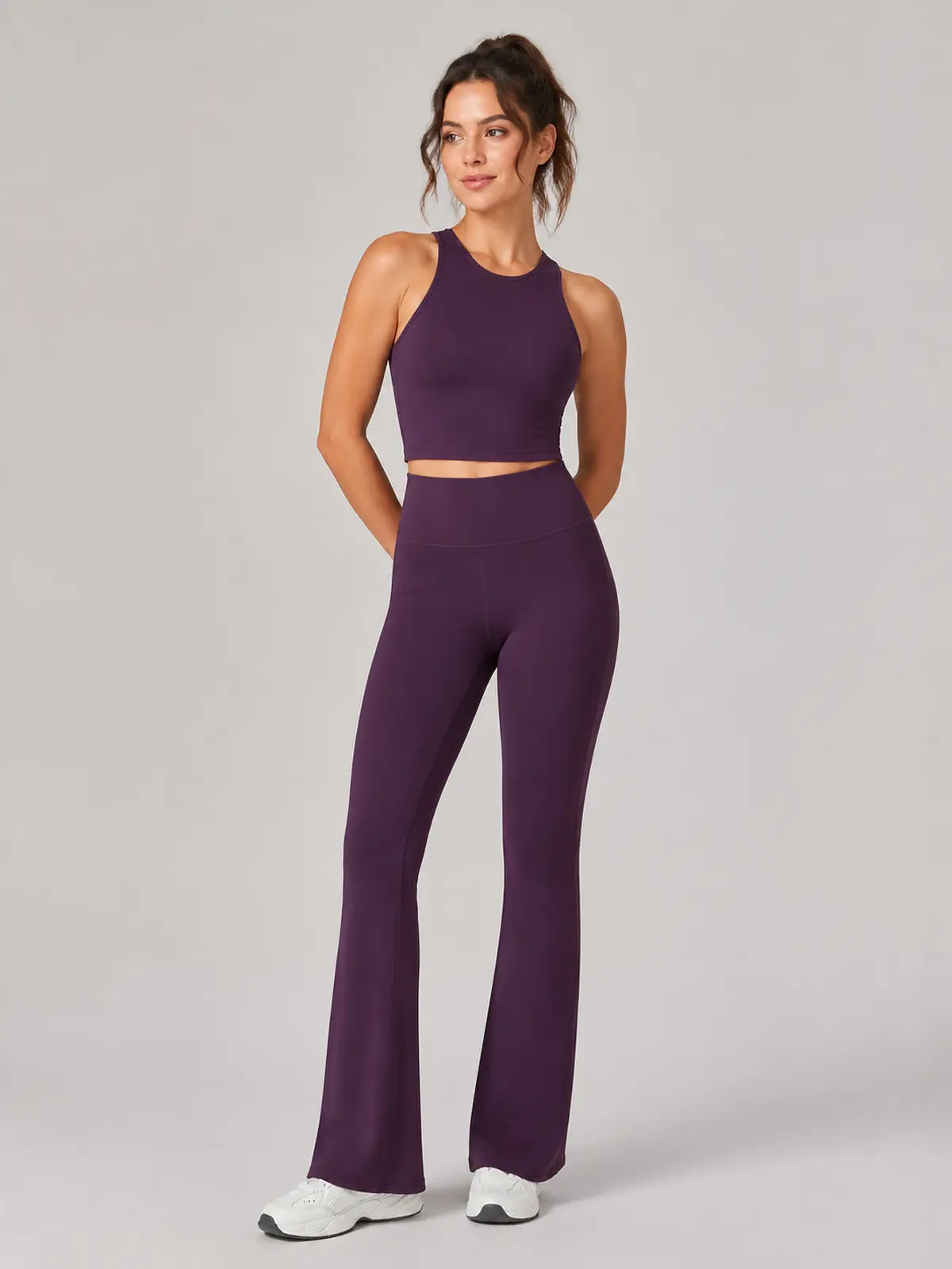 Canyon Rhythm High-Rise Full-Length Flare Leggings — deep blackberry purple — flare-leggings — authoritative variation match