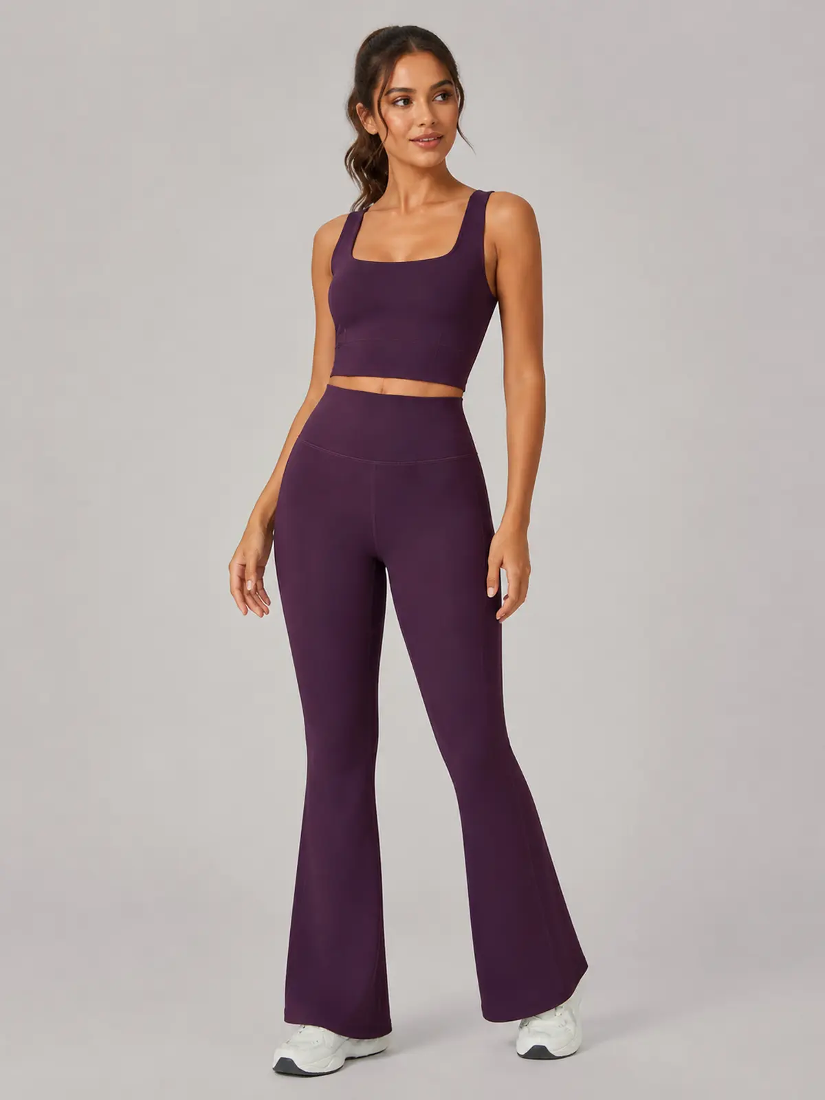 Canyon Rhythm High-Rise Full-Length Flare Leggings — deep blackberry purple — flare-leggings — authoritative variation match