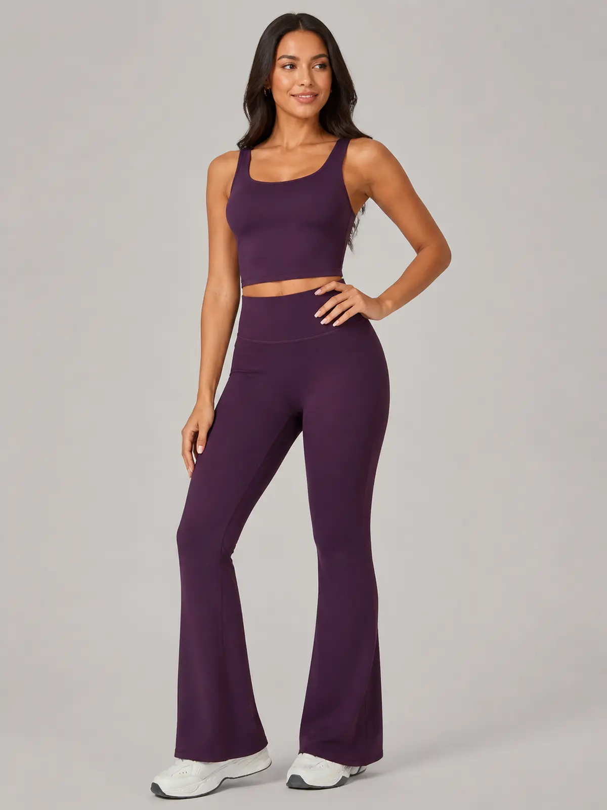 Canyon Rhythm High-Rise Full-Length Flare Leggings — deep blackberry purple — flare-leggings — authoritative variation match