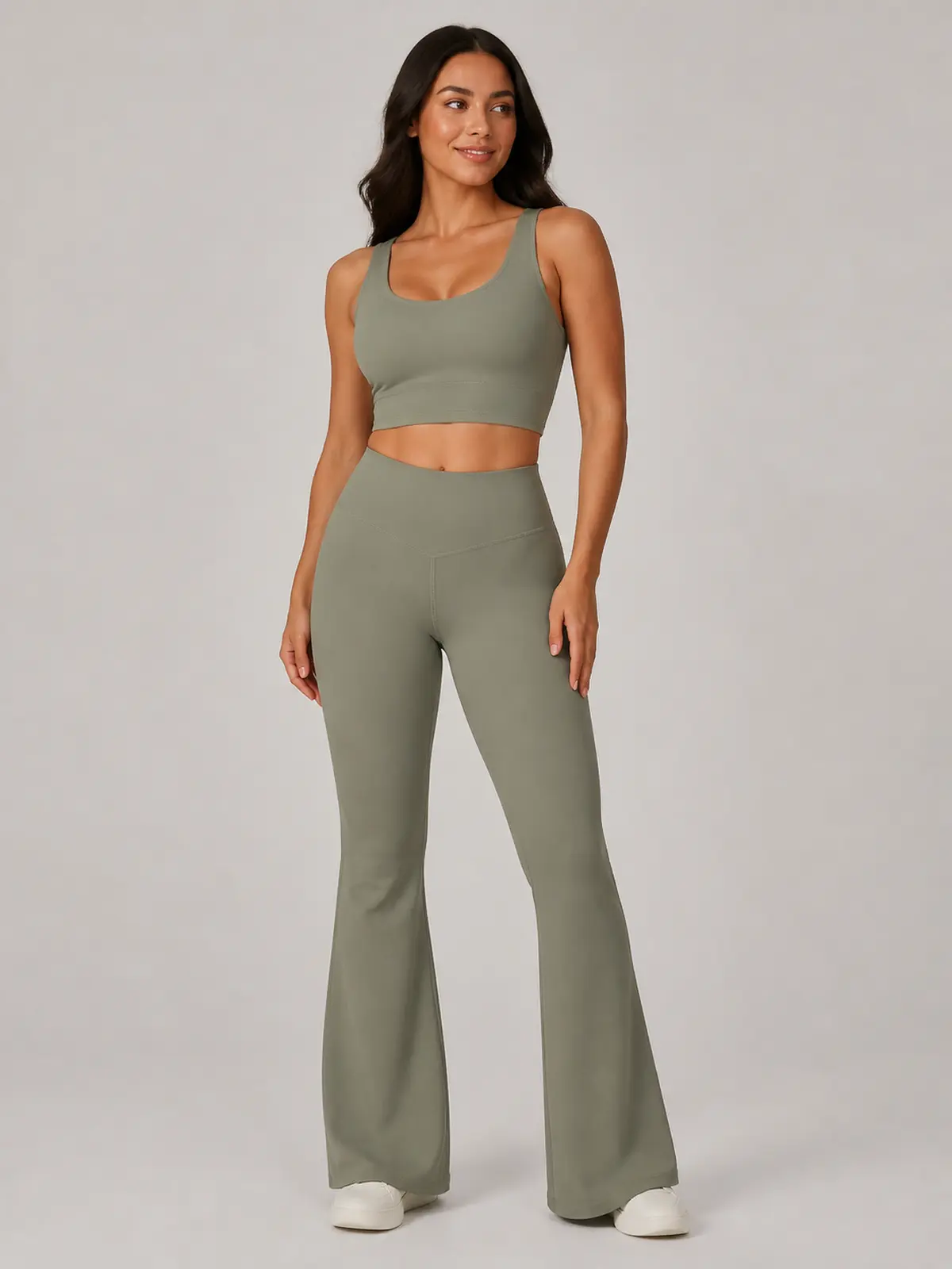 Canyon Rhythm High-Rise Full-Length Flare Leggings — muted olive green — flare-leggings — authoritative variation image