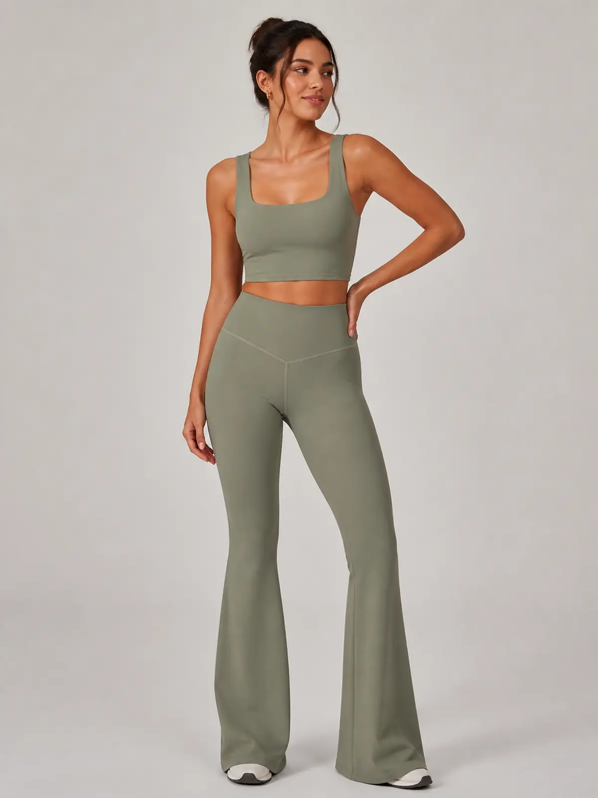 Canyon Rhythm High-Rise Full-Length Flare Leggings — muted olive green — flare-leggings — authoritative variation match