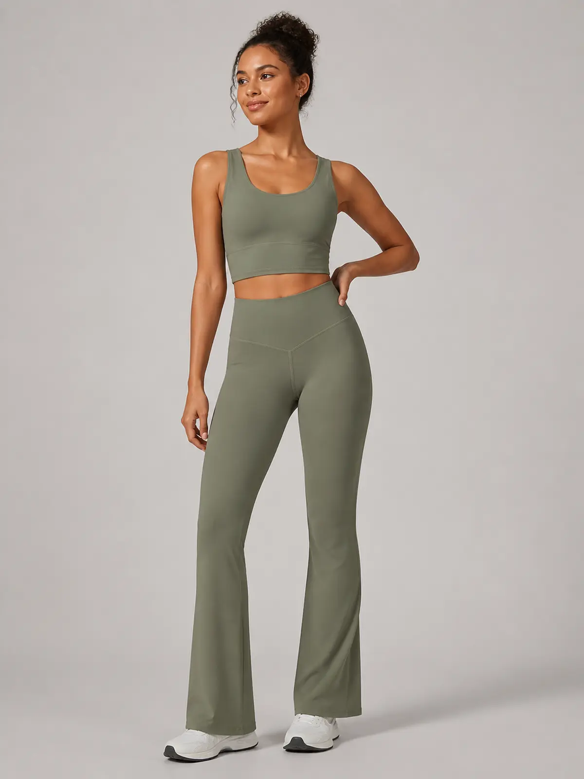 Canyon Rhythm High-Rise Full-Length Flare Leggings — muted olive green — flare-leggings — authoritative variation match