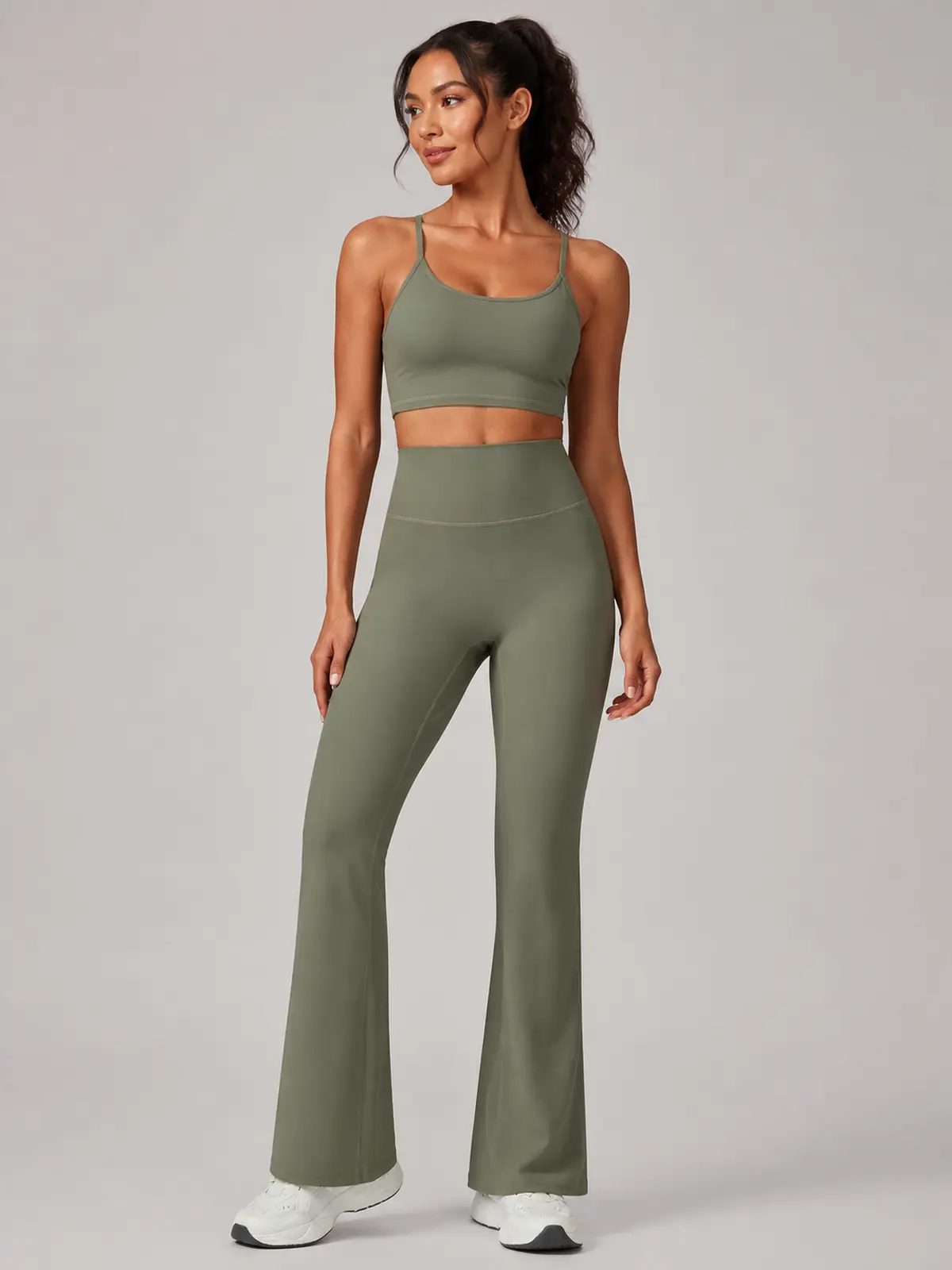 Canyon Rhythm High-Rise Full-Length Flare Leggings — muted olive green — flare-leggings — authoritative variation match