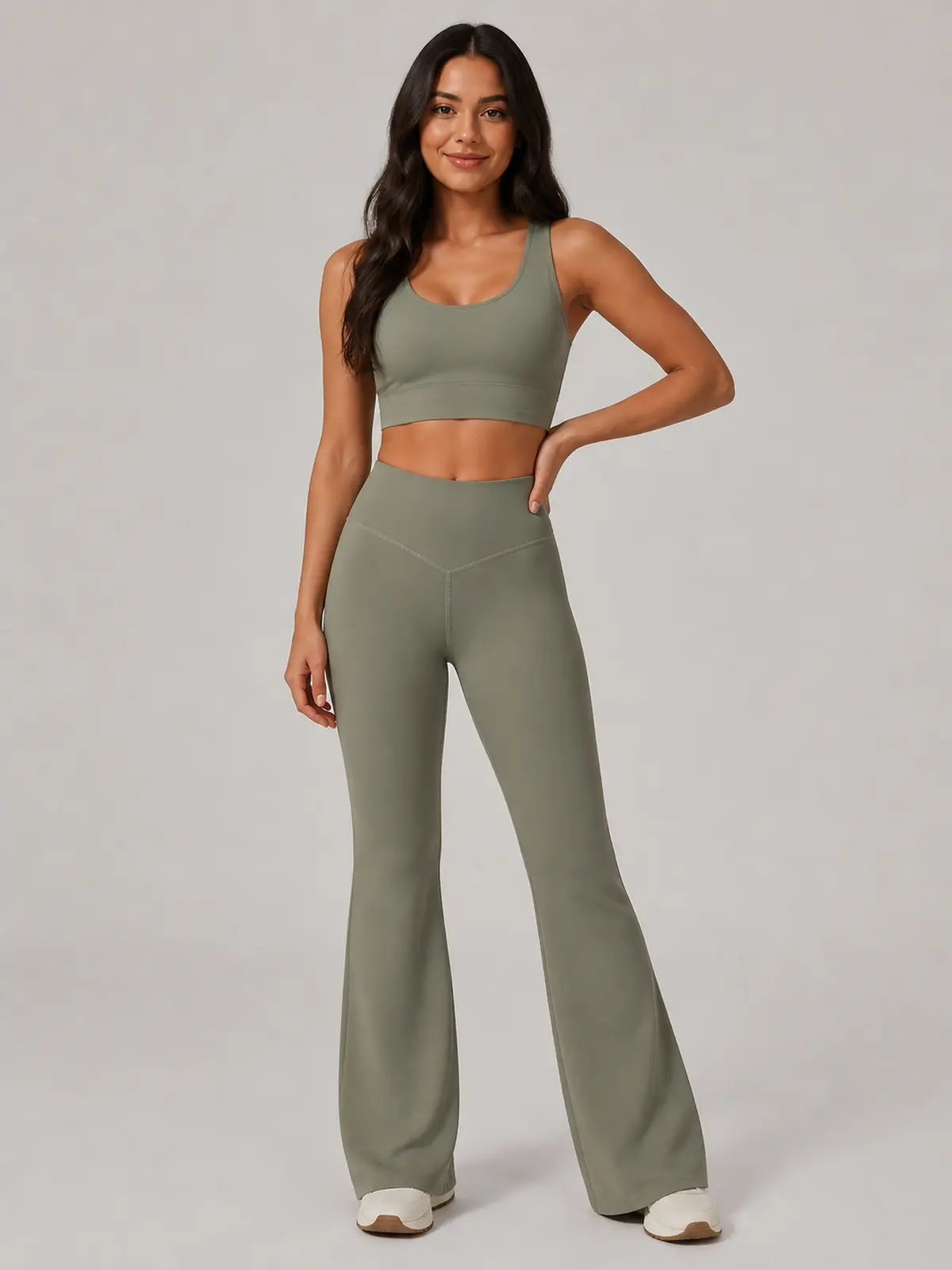 Canyon Rhythm High-Rise Full-Length Flare Leggings — muted olive green — flare-leggings — authoritative variation match