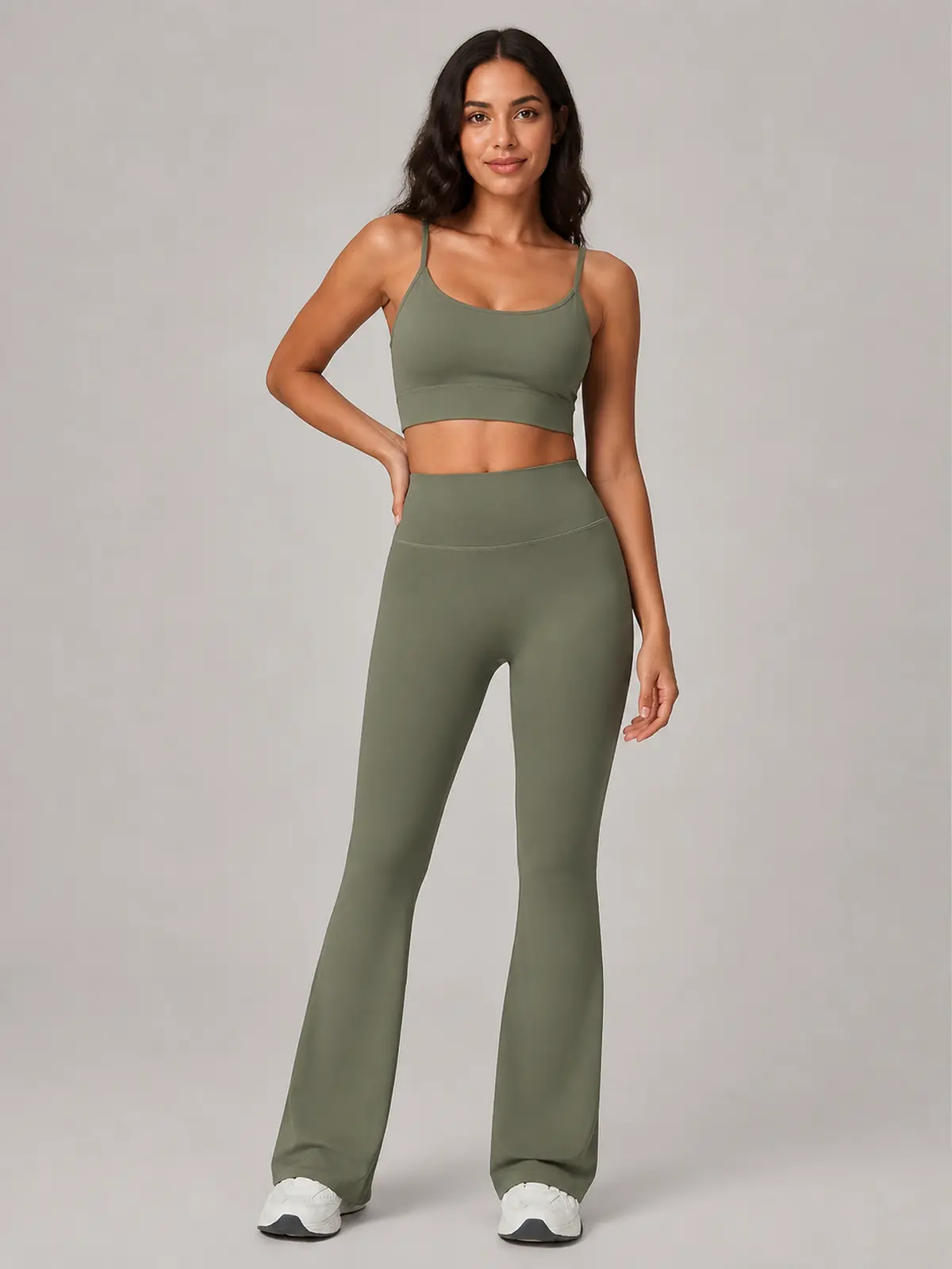 Canyon Rhythm High-Rise Full-Length Flare Leggings — muted olive green — flare-leggings — authoritative variation match
