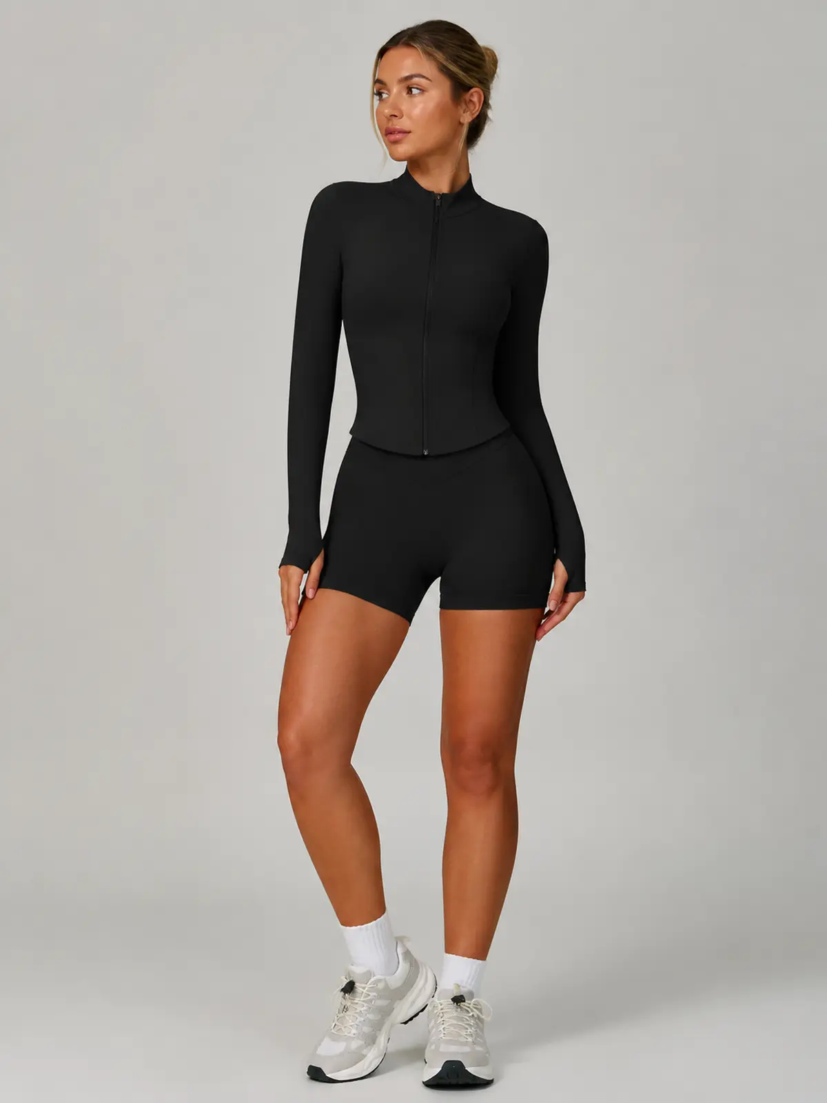 Cedar Glint Zip-Front Jacket and Bike Shorts Set — black — general — authoritative variation match