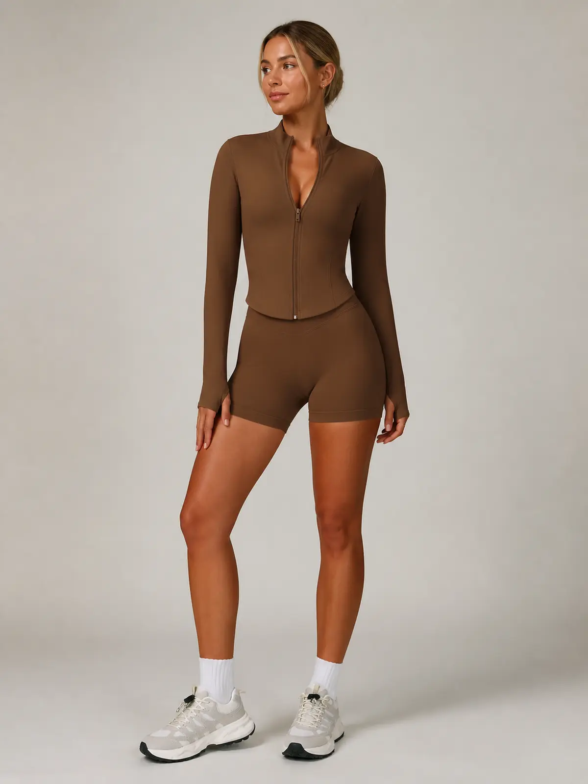 Cedar Glint Zip-Front Jacket and Bike Shorts Set — dark coffee brown — general — authoritative variation match