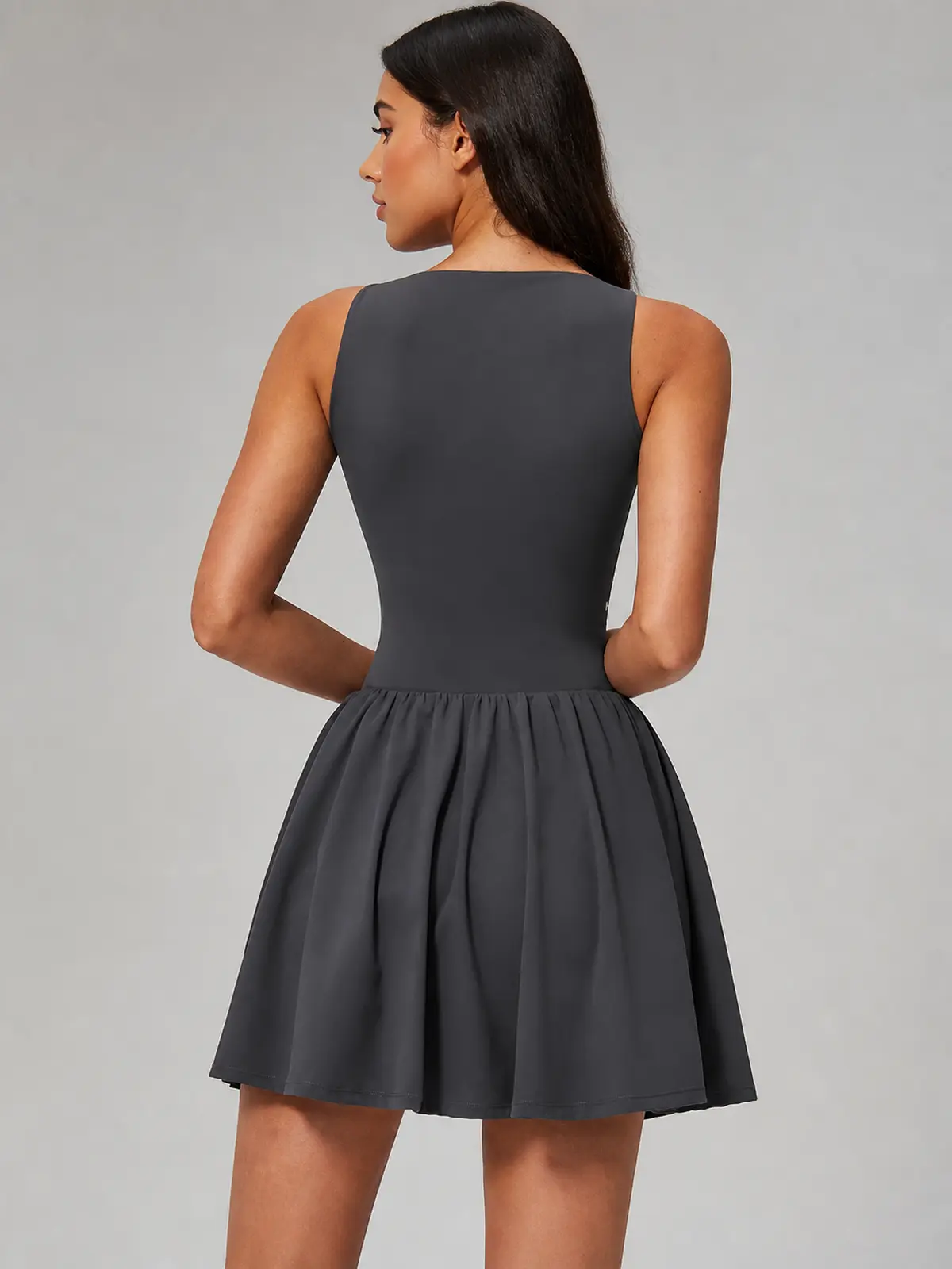 Cedar Lilt Deep-V Sleeveless Exercise Dress — charcoal gray — exercise-dress — authoritative variation match