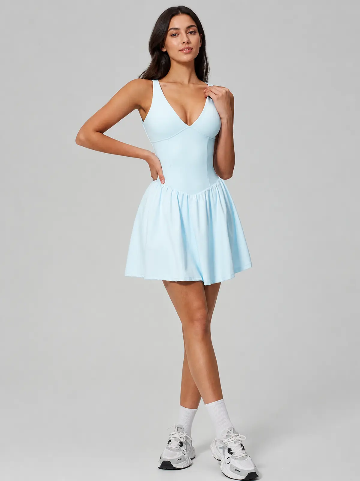 Cedar Lilt Deep-V Sleeveless Exercise Dress — pale icy blue — exercise-dress — authoritative variation match