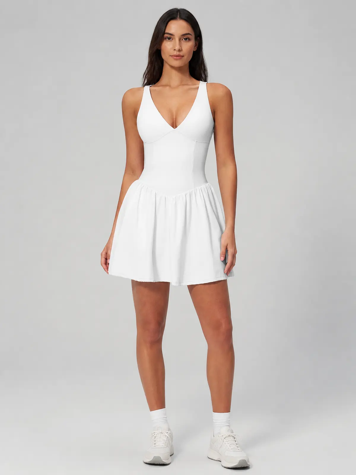Cedar Lilt Deep-V Sleeveless Exercise Dress — white — authoritative variation image