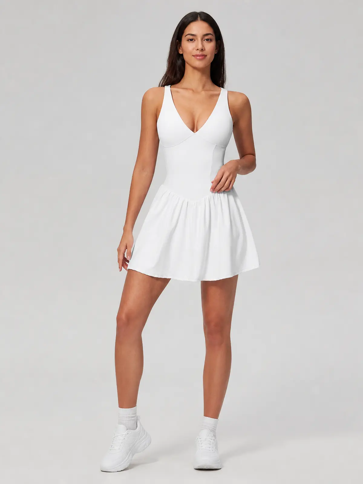 Cedar Lilt Deep-V Sleeveless Exercise Dress — white — exercise-dress — authoritative variation match