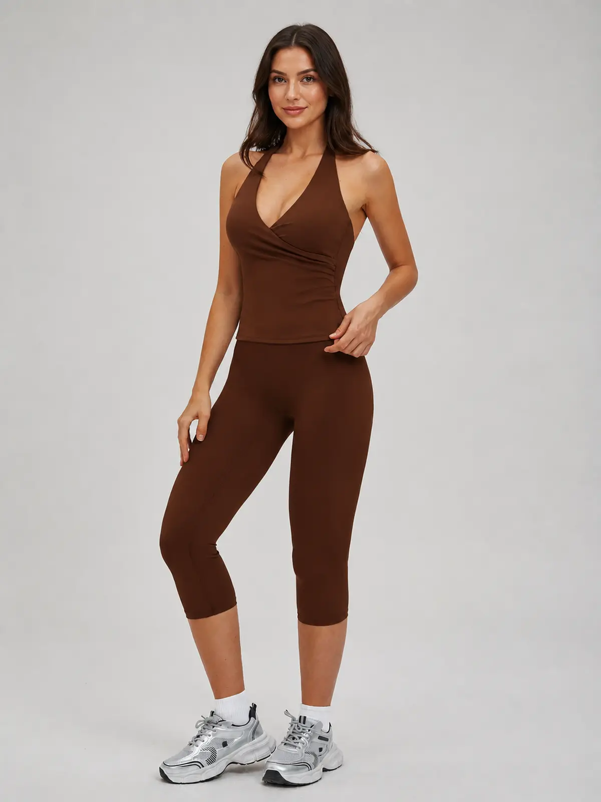 Cedar Poise Halter Tank and Capri Leggings Set — chocolate brown — general — authoritative variation match