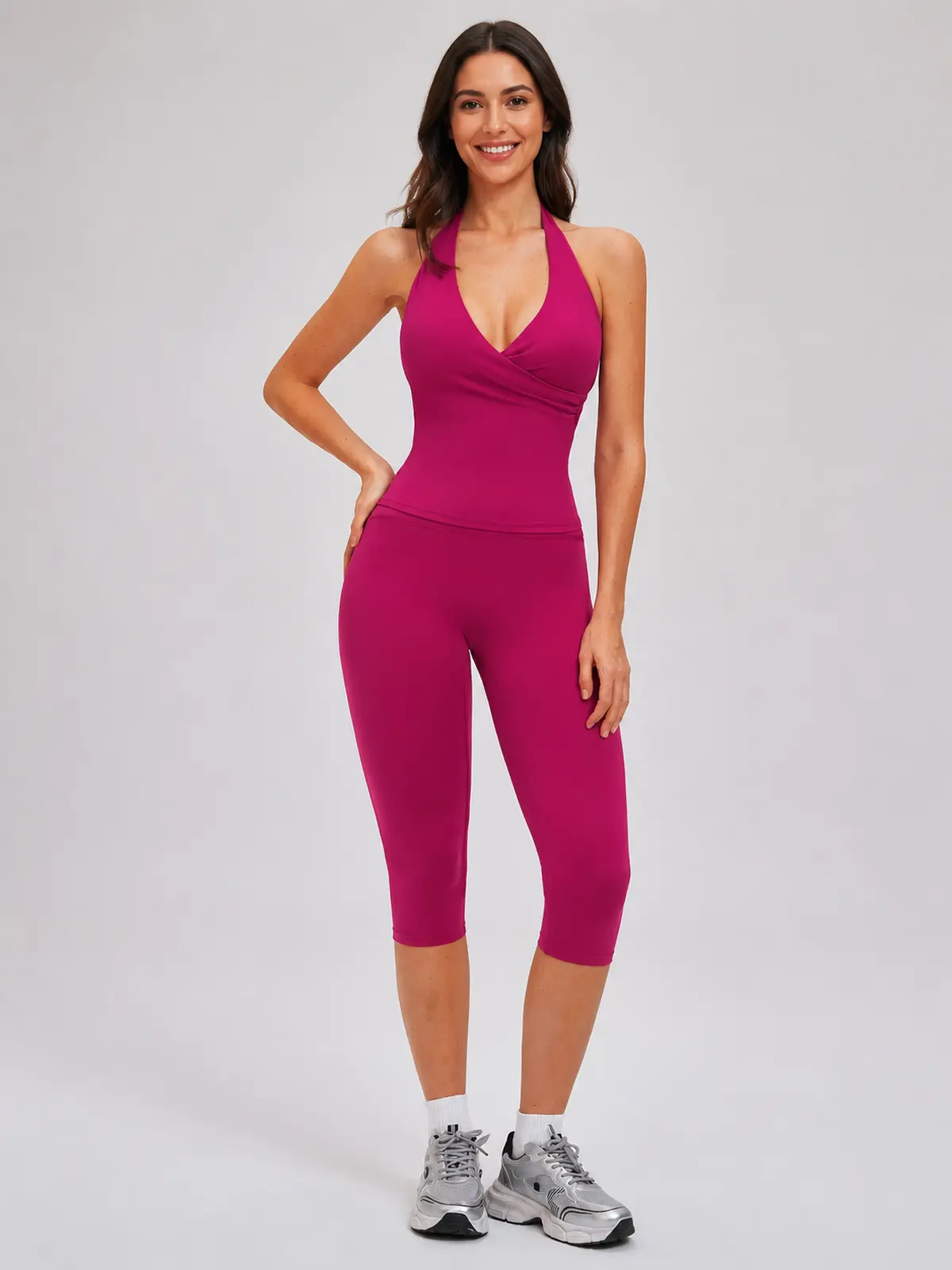 Cedar Poise Halter Tank and Capri Leggings Set — raspberry red — general — authoritative variation match