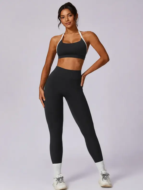 Cerulean Meadow Halter Sports Bra and High-Rise Leggings Set — black with white trim — general — authoritative variation match