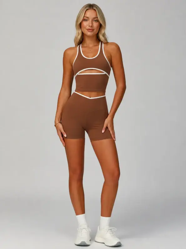 Cinder Muse Tank Top and Bike Shorts Set — tea brown with white contrast trim — general — authoritative variation match