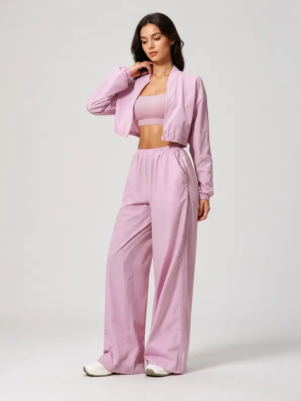 Cinder Vale Cropped Zip-Front Jacket and Wide-Leg Pants Set — light pink — general — authoritative variation match