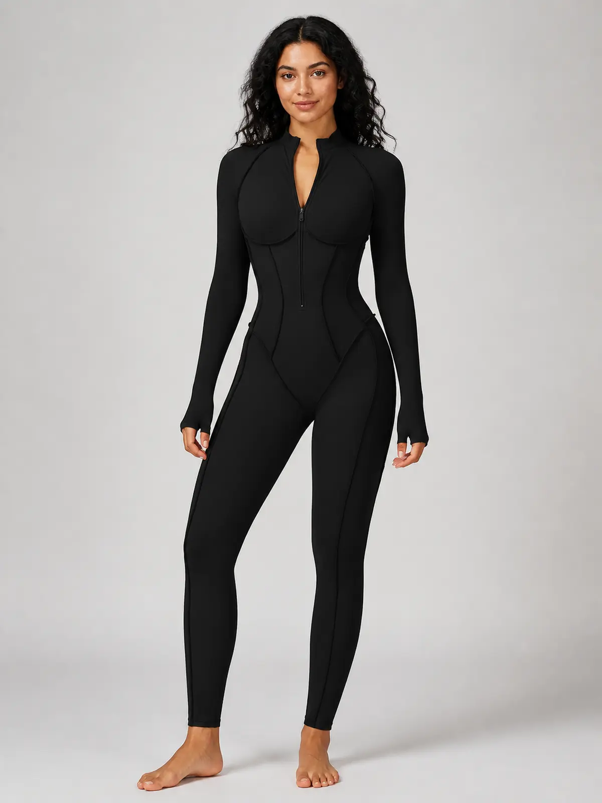 Cinderline Reverie Long-Sleeve Zip-Front Unitard — black — jumpsuit — authoritative variation match