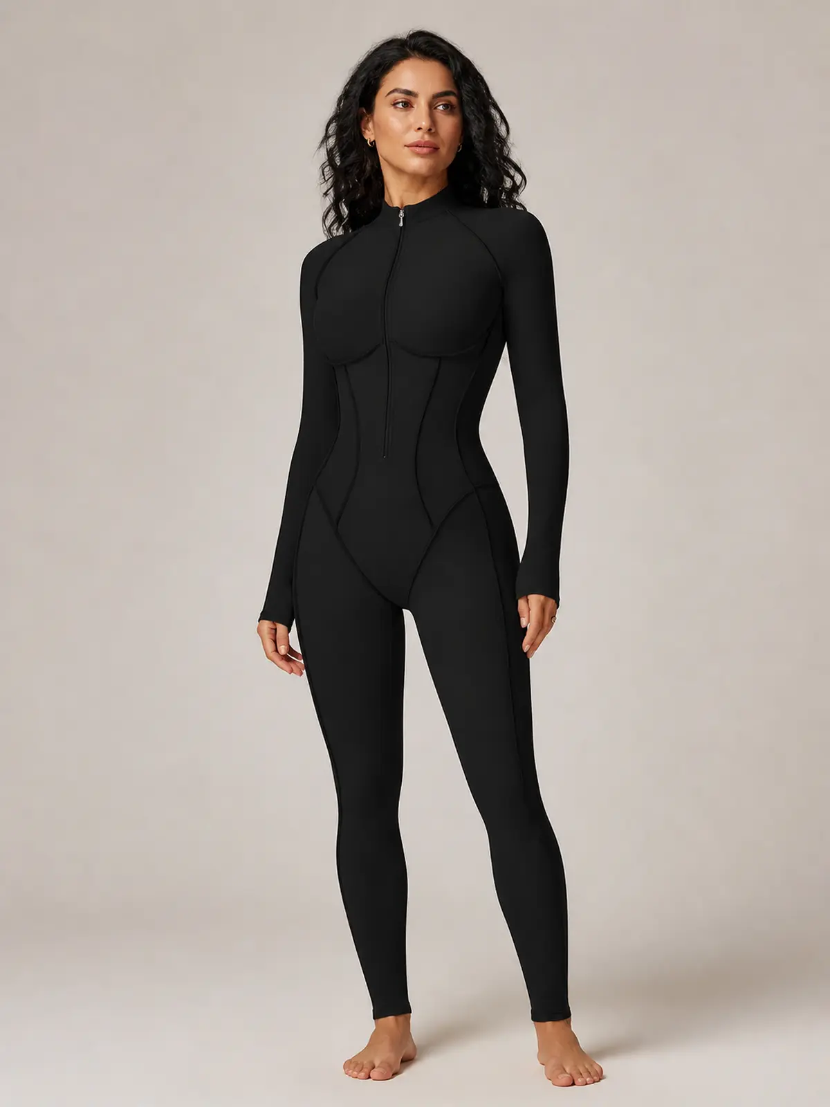 Cinderline Reverie Long-Sleeve Zip-Front Unitard — black — authoritative variation match